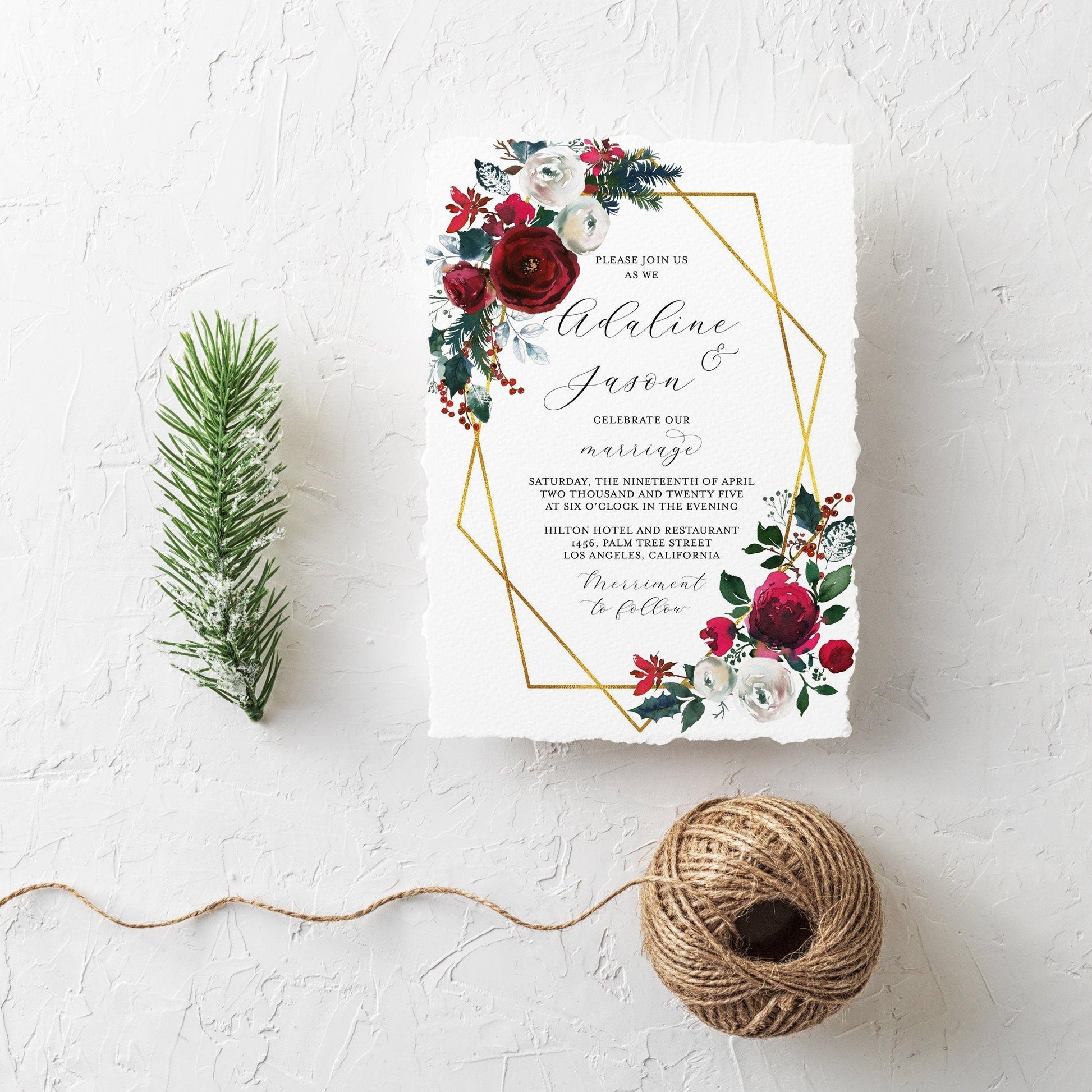 Burgundy Wedding Christmas Invitation Template Printable DIY Instant Download Editable Wedding Invites Geometric - Ada - SAVVY PAPER CO