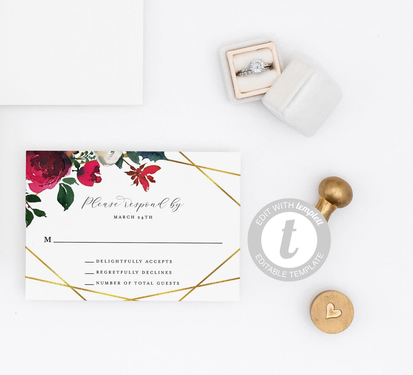 Burgundy Wedding RSVP Card Template, Christmas Winter RSVP cards, Response Card Geometric- Ada - SAVVY PAPER CO