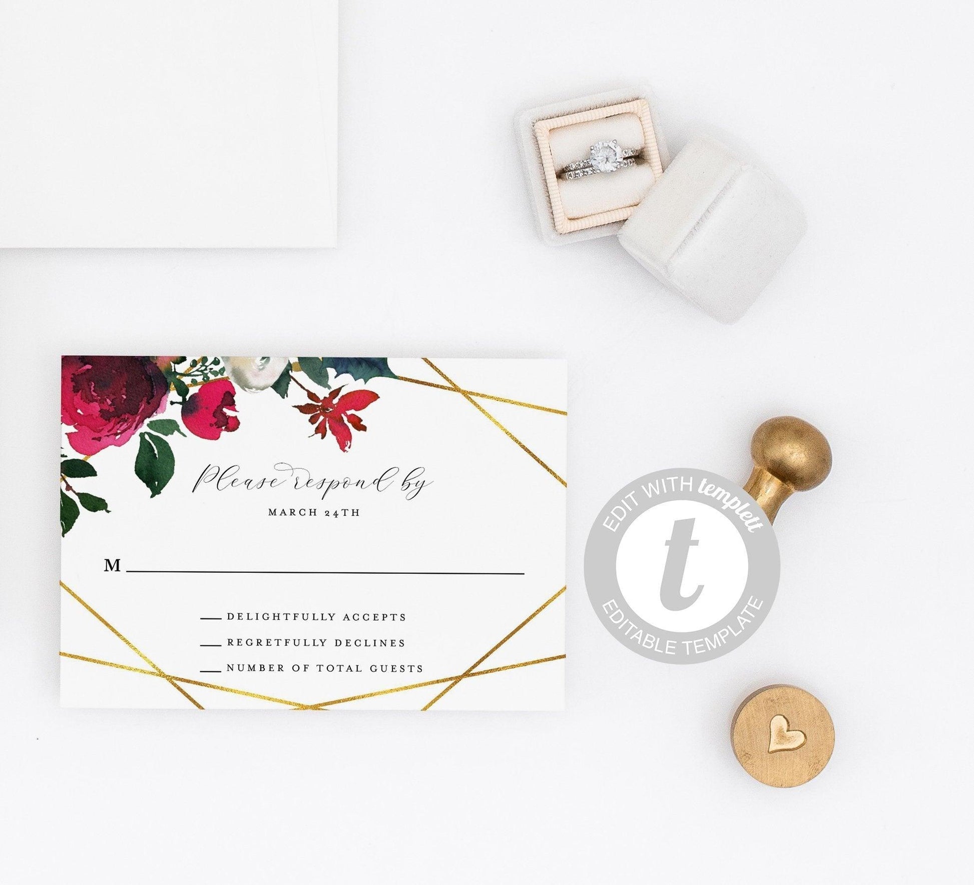 Burgundy Wedding RSVP Card Template, Christmas Winter RSVP cards, Response Card Geometric- Ada - SAVVY PAPER CO