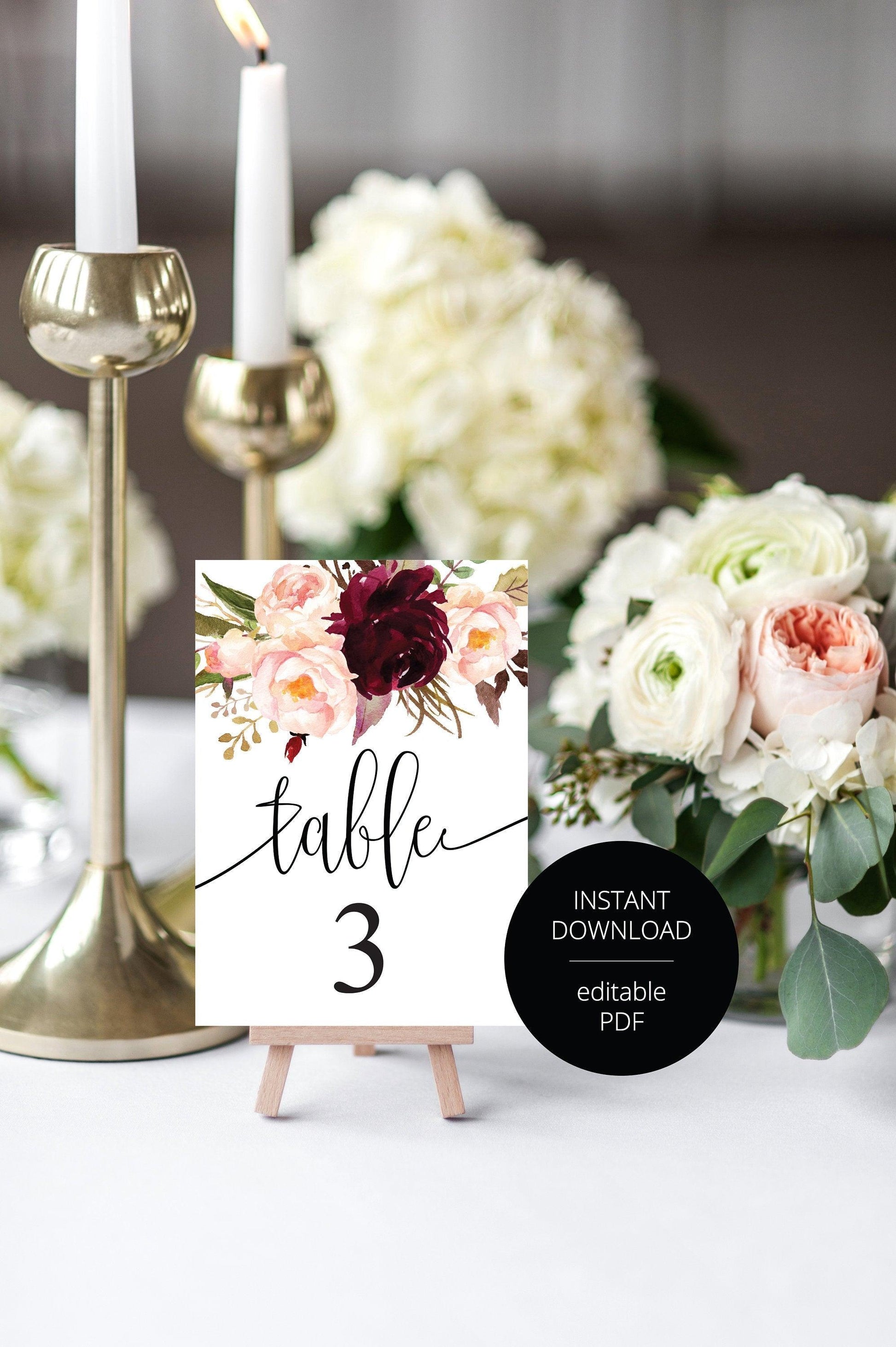 Burgundy Wedding Table Number, Wedding Table Printable Numbers Printable, Instant Download,DIY Table Numbers, Table Number Cards -KATHERINE - SAVVY PAPER CO
