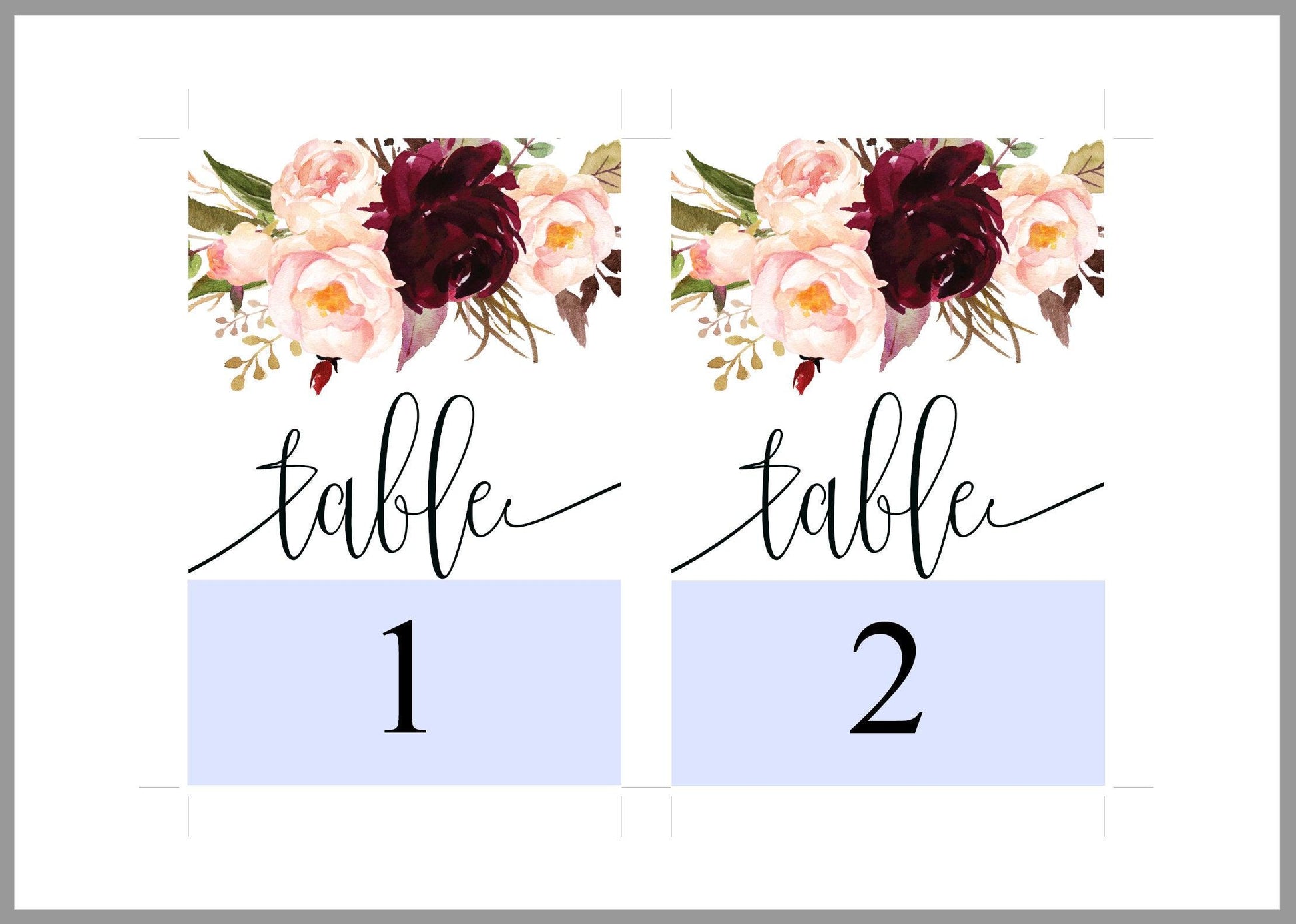 Burgundy Wedding Table Number, Wedding Table Printable Numbers Printable, Instant Download,DIY Table Numbers, Table Number Cards -KATHERINE - SAVVY PAPER CO