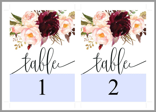 Burgundy Wedding Table Number, Wedding Table Printable Numbers Printable, Instant Download,DIY Table Numbers, Table Number Cards -KATHERINE - SAVVY PAPER CO