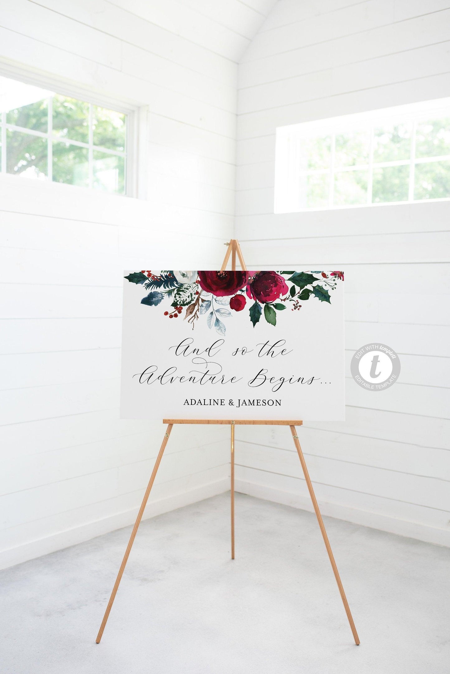 Burgundy Wedding Welcome Sign Template, Printable Christmas Editable Welcome Sign, Welcome Wedding Sign Instant Download - ADA - SAVVY PAPER CO