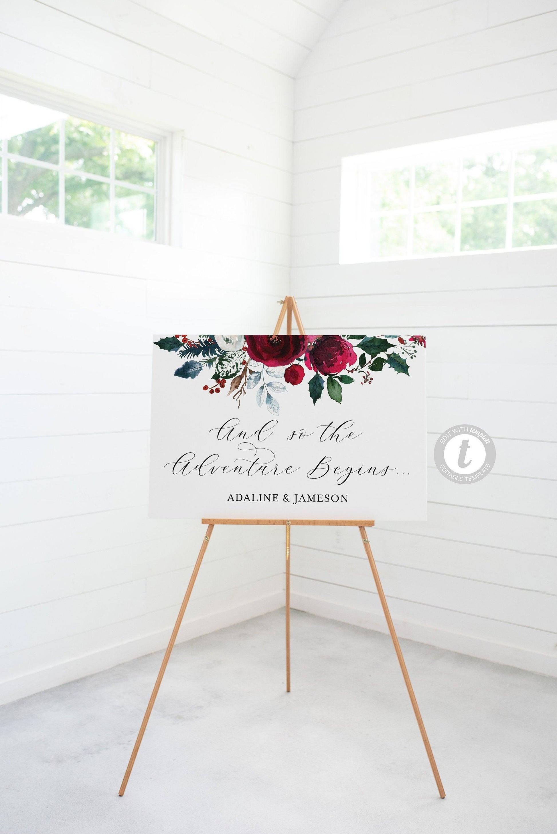 Burgundy Wedding Welcome Sign Template, Printable Christmas Editable Welcome Sign, Welcome Wedding Sign Instant Download - ADA - SAVVY PAPER CO