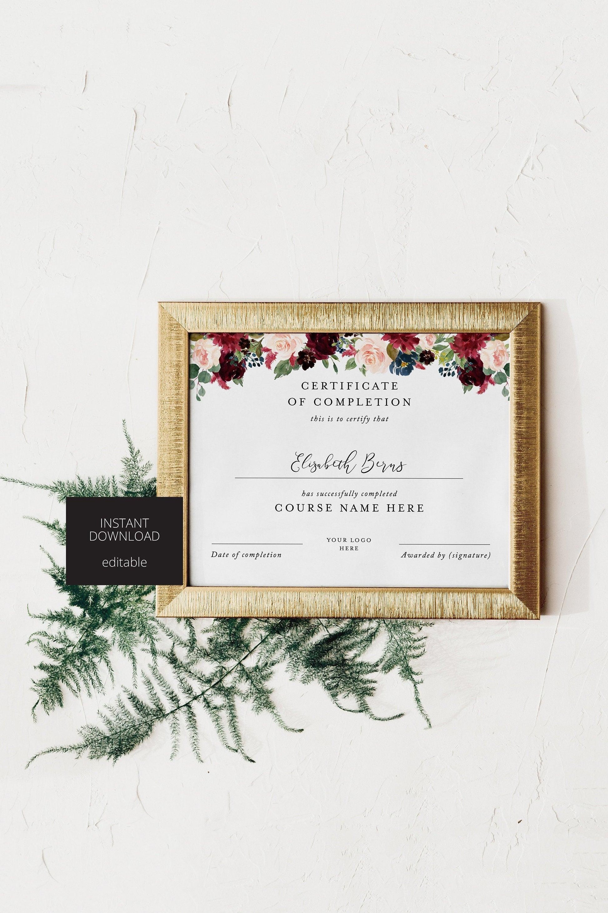 Certificate of Completion, Floral certificate, Classes Template, Course Certificate, Printable, Instant Download, Burgundy - SAVVY PAPER CO