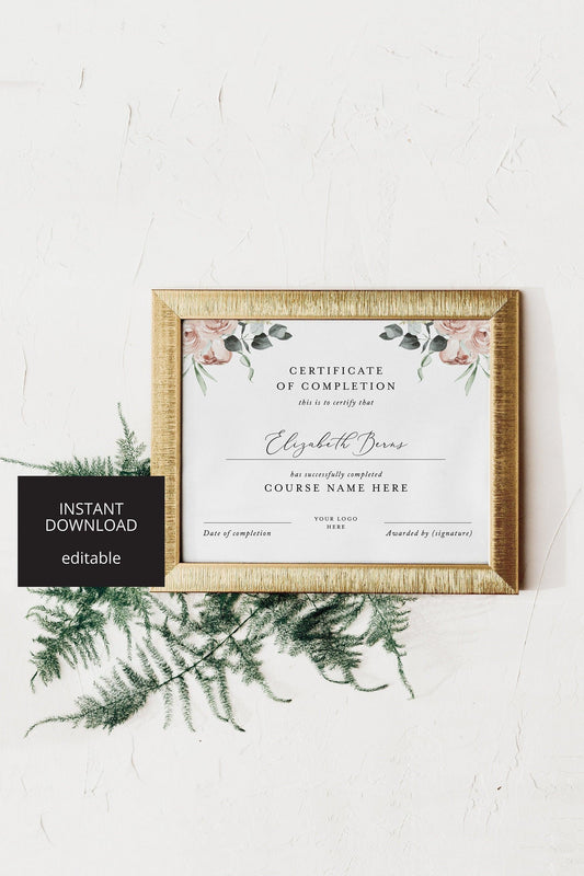 Certificate of Completion, Floral certificate, Classes Template, Course Certificate, Printable, Instant Download - SAVVY PAPER CO
