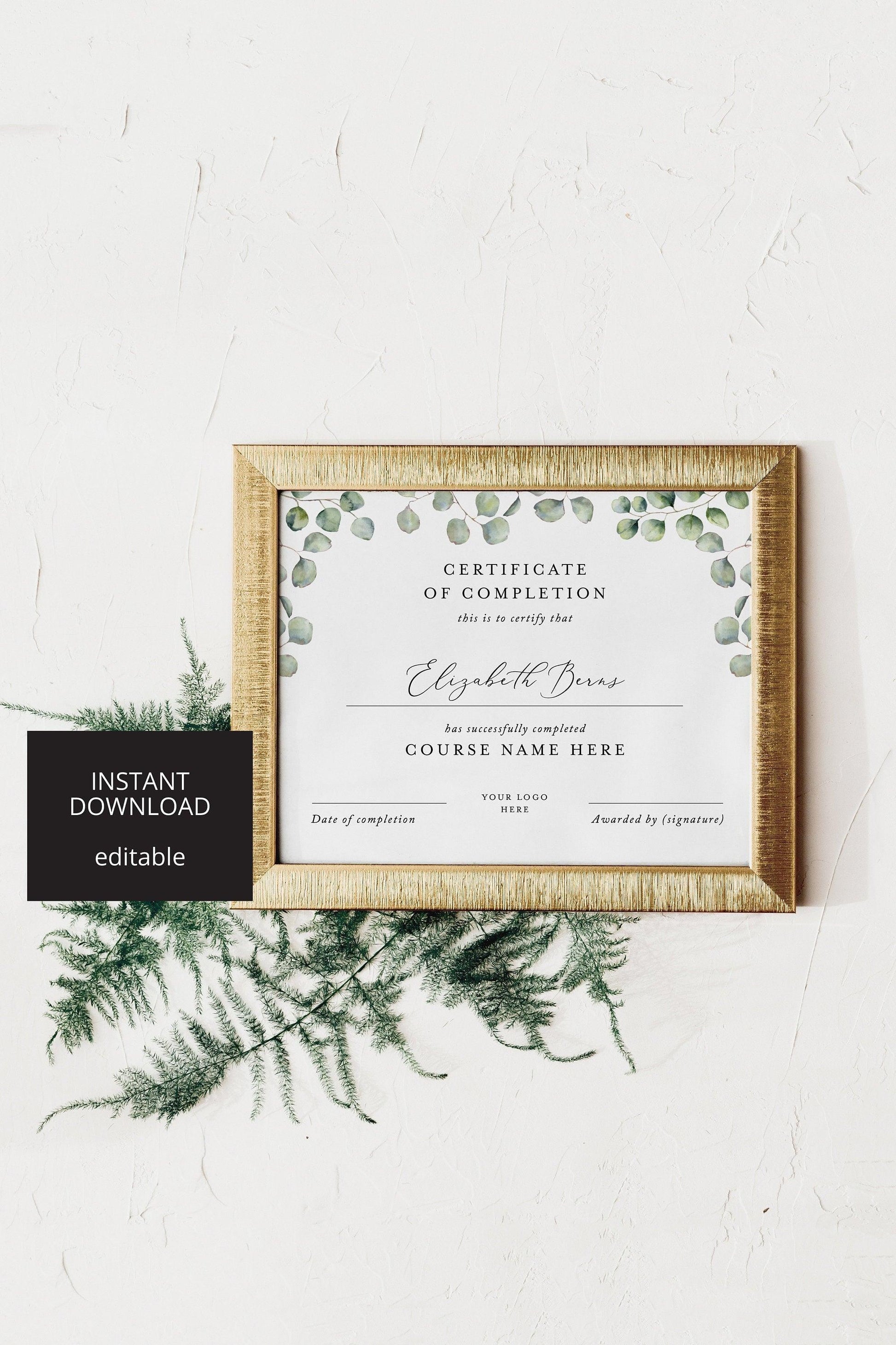 Certificate of Completion, Greenery certificate, Classes Template, Course Certificate, Printable, Instant Download, Eucalyptus - SAVVY PAPER CO