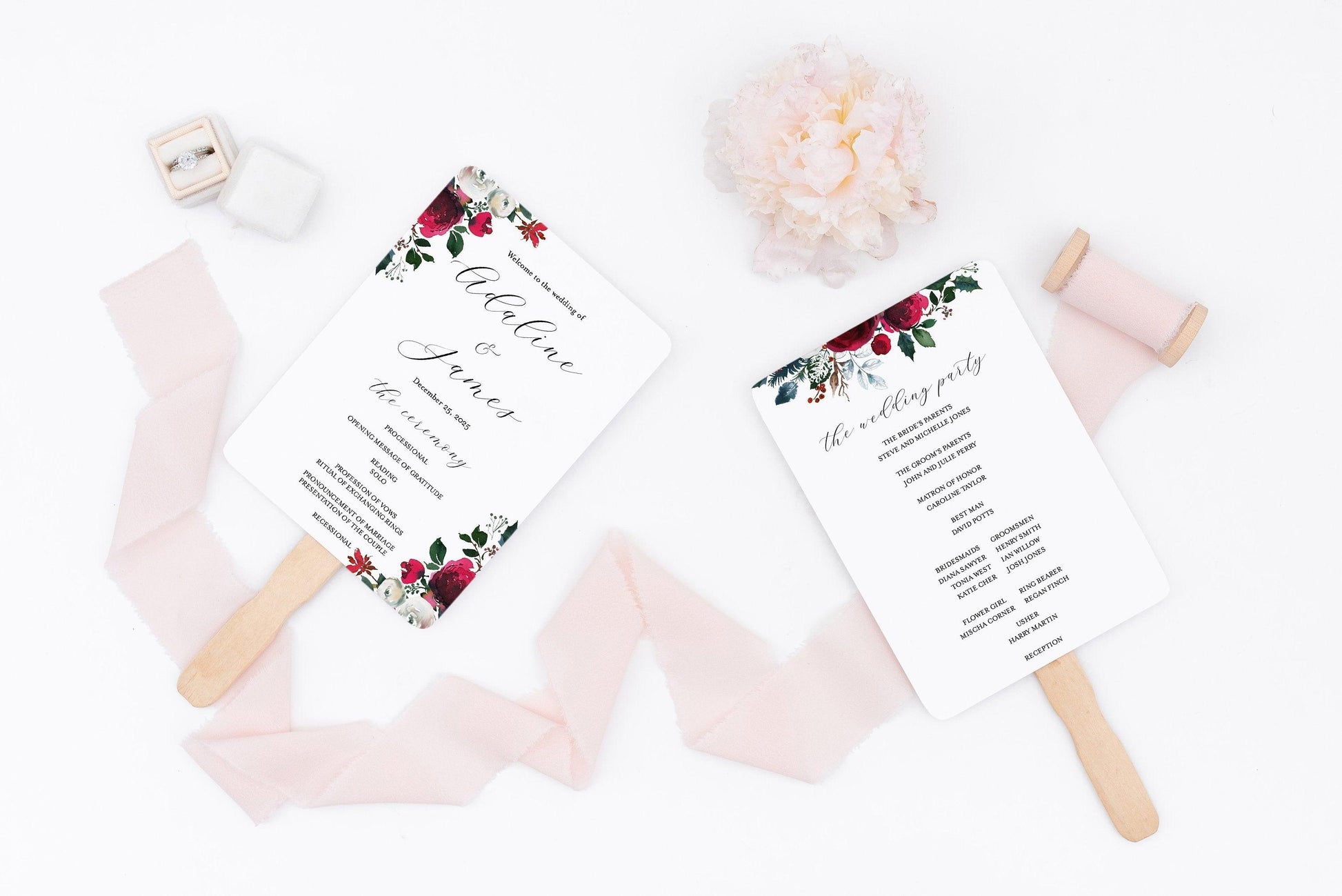 Christmas Wedding Program Fan Template Printable Ceremony Programs Editable Template Instant download - Ada - SAVVY PAPER CO