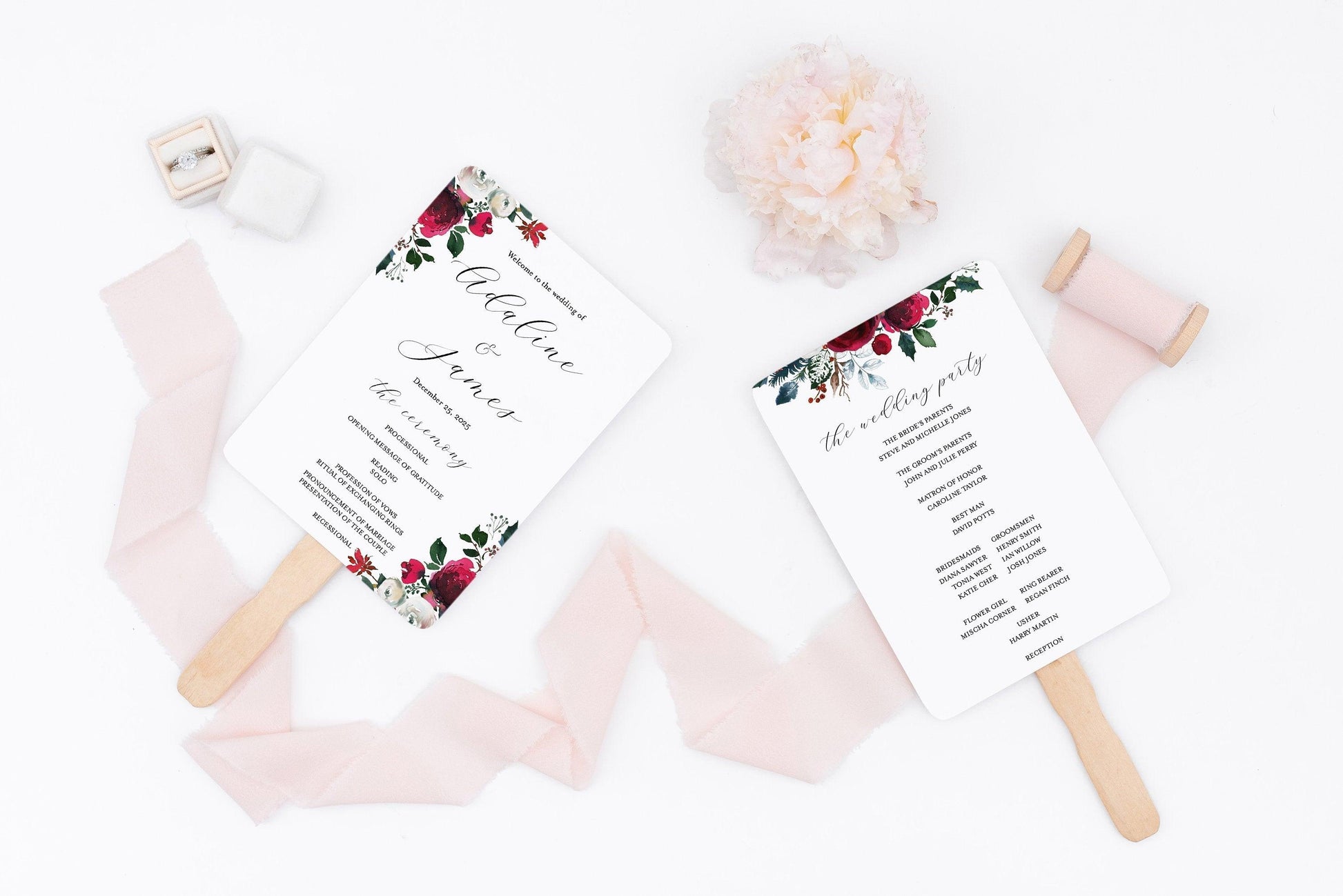 Christmas Wedding Program Fan Template Printable Ceremony Programs Editable Template Instant download - Ada - SAVVY PAPER CO