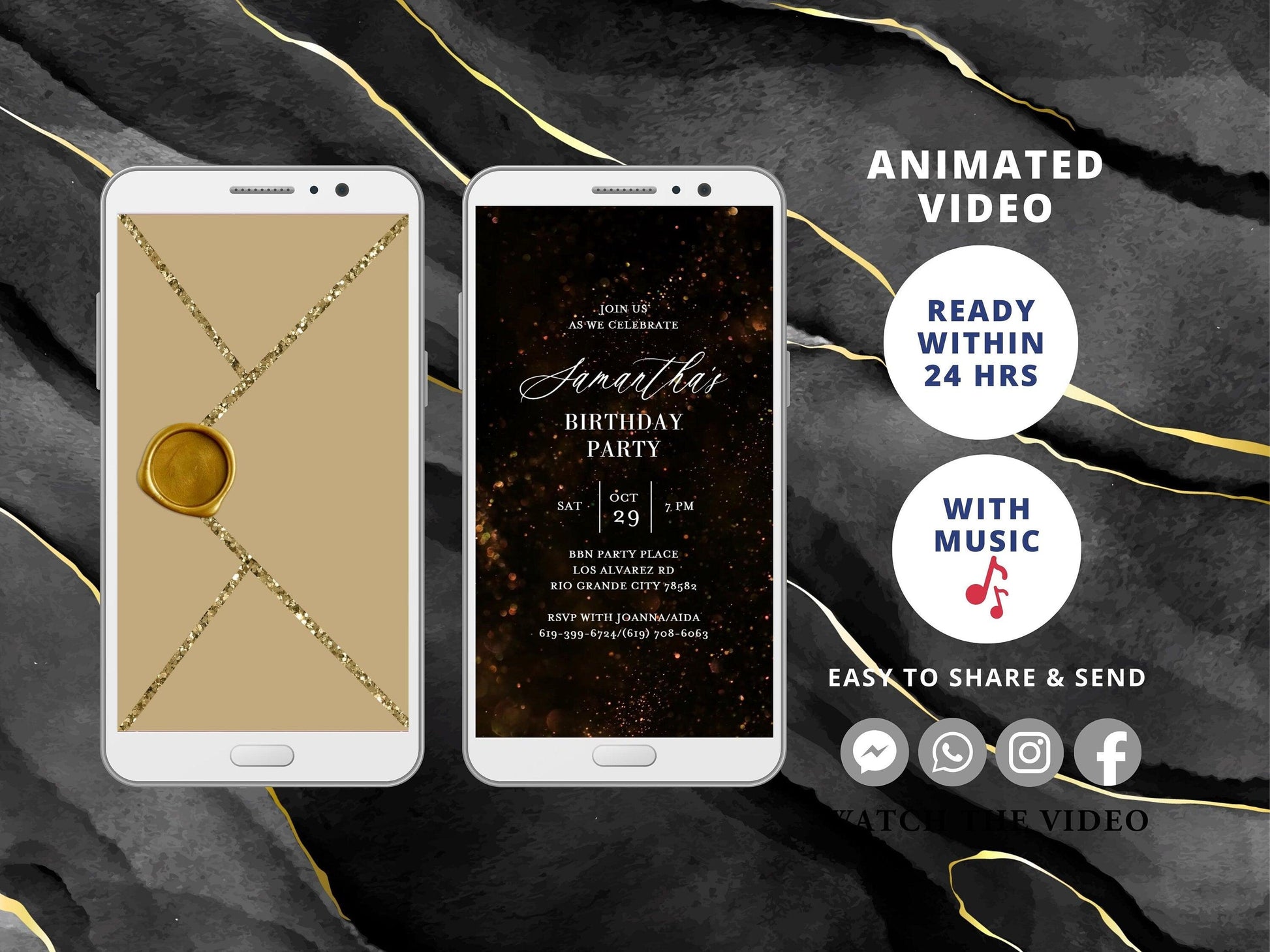 Digital Gold Birthday Dinner Video Invitation, Electronic Dinner Party Invite, Gold Glitter Dripping, Editable Invitation, Any Age - SAVVY PAPER CO