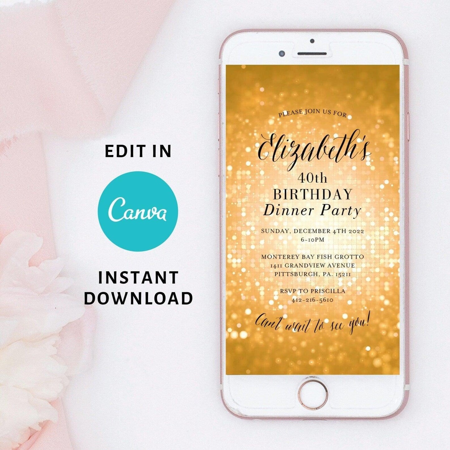 Digital Gold Glitter Birthday Video Invitation Template, 30th 40th 50th personalized evite, Editable Any Age Invite, Send Online - SAVVY PAPER CO