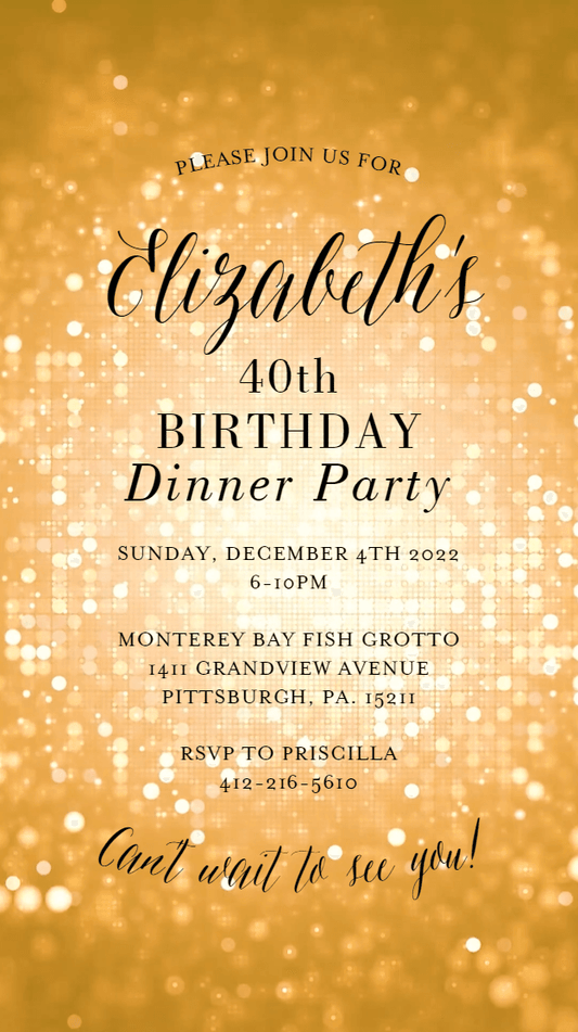 Digital Gold Glitter Birthday Video Invitation Template, 30th 40th 50th personalized evite, Editable Any Age Invite, Send Online - SAVVY PAPER CO