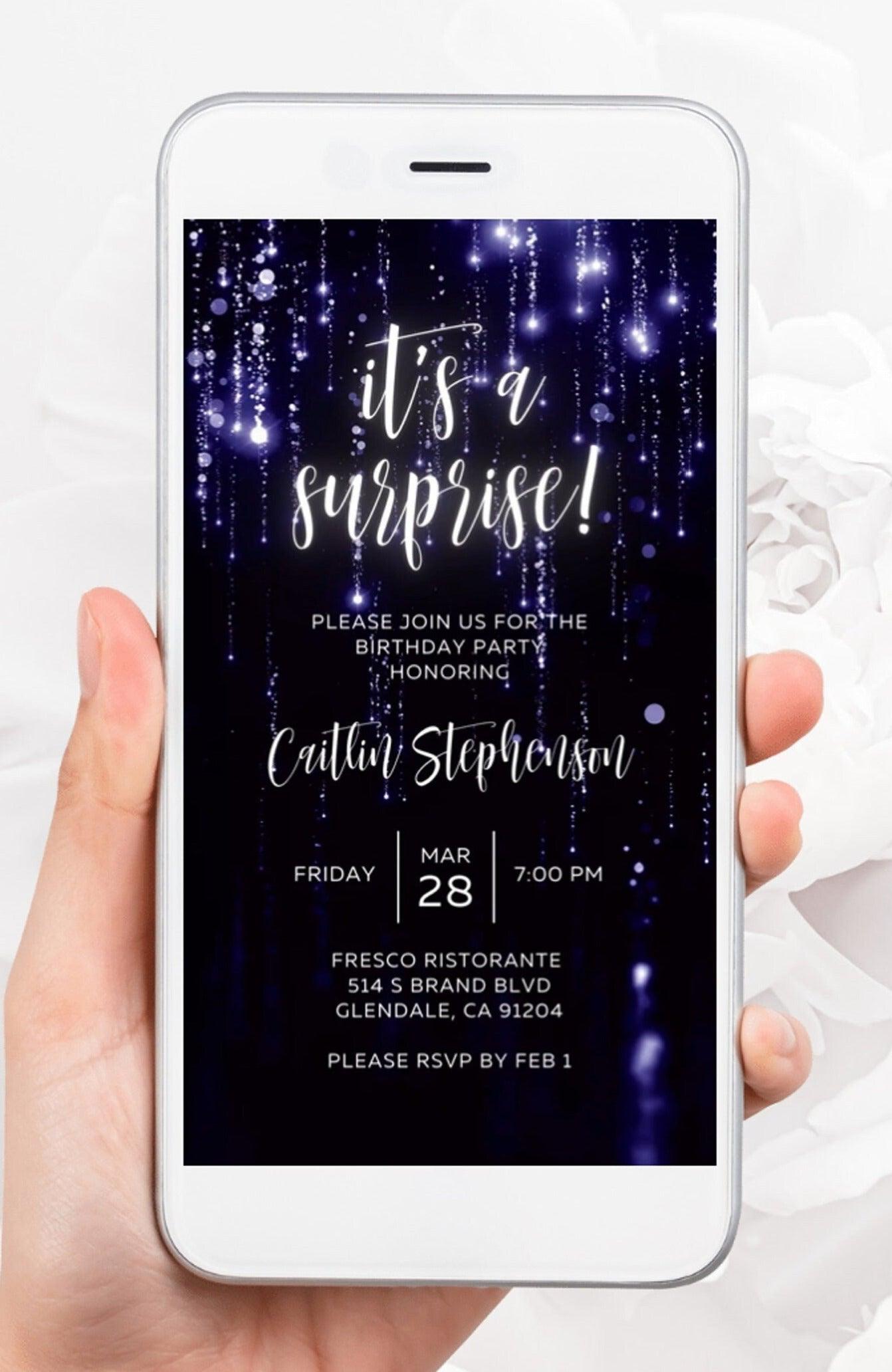 Digital It's a Surprise Birthday Invitation, Dripping Blue Invite, 30th 40th Elegant Birthday Invitation Template, Glitter Birthday Invite - SAVVY PAPER CO