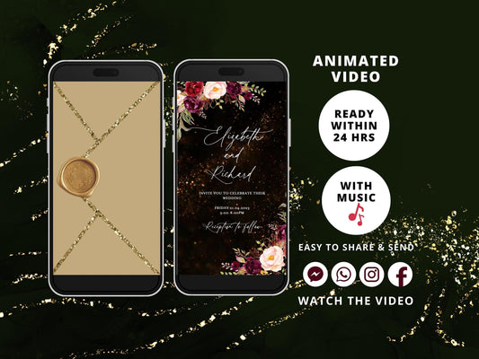Digital Wedding Video Invitation, Electronic Wedding Evite, Burgundy Floral Invitation, Custom Wedding Invite, Wedding Animated Card - SAVVY PAPER CO