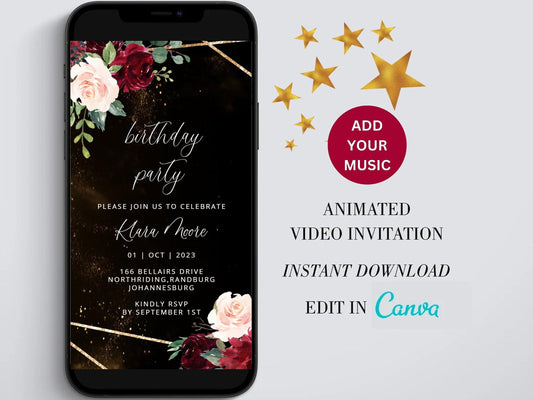 Digital birthday video invitation, Gold Editable Invite, Personalized animated invitations Any Age, Instant Download, Floral Ecard Template - SAVVY PAPER CO