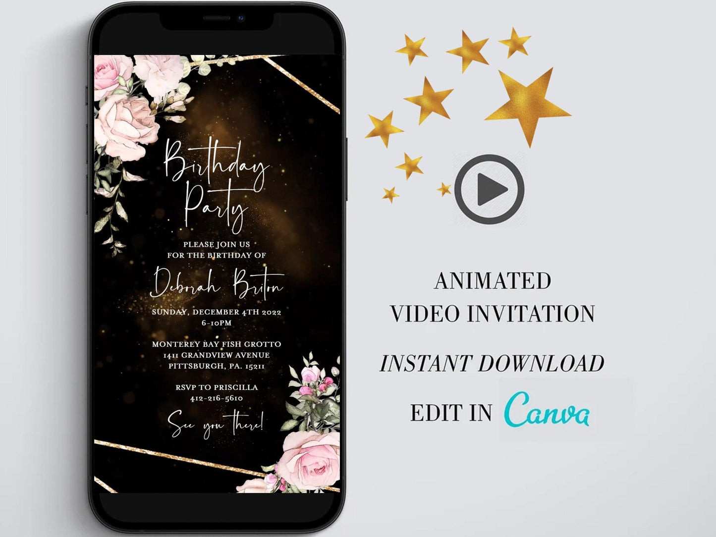 Digital birthday video invitation, Gold Editable Invite, Personalized animated invitations Any Age, Instant Download, Floral Ecard Template - SAVVY PAPER CO