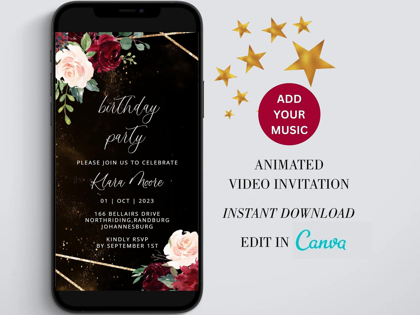 Digital birthday video invitation, Gold Editable Invite, Personalized animated invitations Any Age, Instant Download, Floral Ecard Template - SAVVY PAPER CO