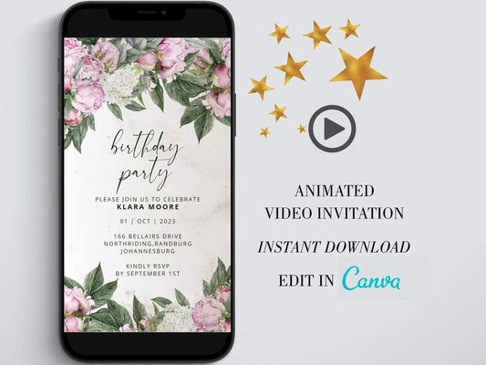 Digital birthday video invitation, Gold Editable Invite, Personalized animated invitations Any Age, Instant Download, Pink peonies Ecard - SAVVY PAPER CO