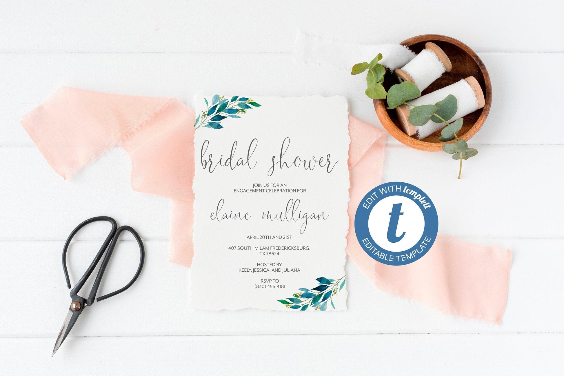 Dusty Blue Bridal Shower Invitation Instant Download Printable Editable Template DIY Invite Templett - Elaine - SAVVY PAPER CO