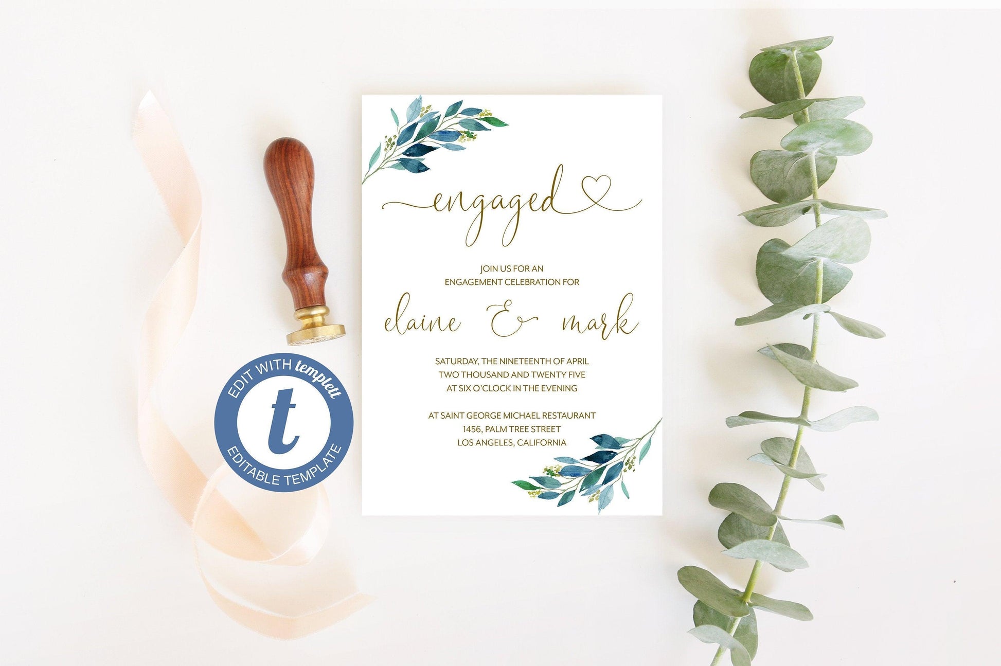 Dusty Blue Engagement Party Invite Template, Printable Invitation, Greenery Engagement Invitation Template, Instant Download - Elaine - SAVVY PAPER CO