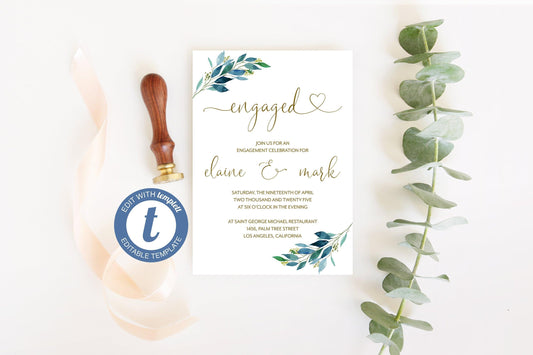 Dusty Blue Engagement Party Invite Template, Printable Invitation, Greenery Engagement Invitation Template, Instant Download - Elaine - SAVVY PAPER CO