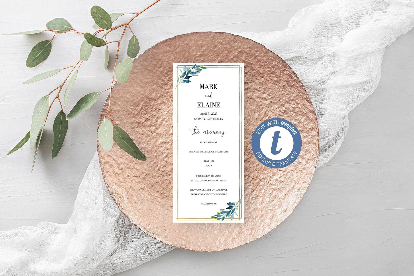 Dusty Blue Gold Wedding Program Template Printable Ceremony Programs Editable Template Instant download - Elaine - SAVVY PAPER CO