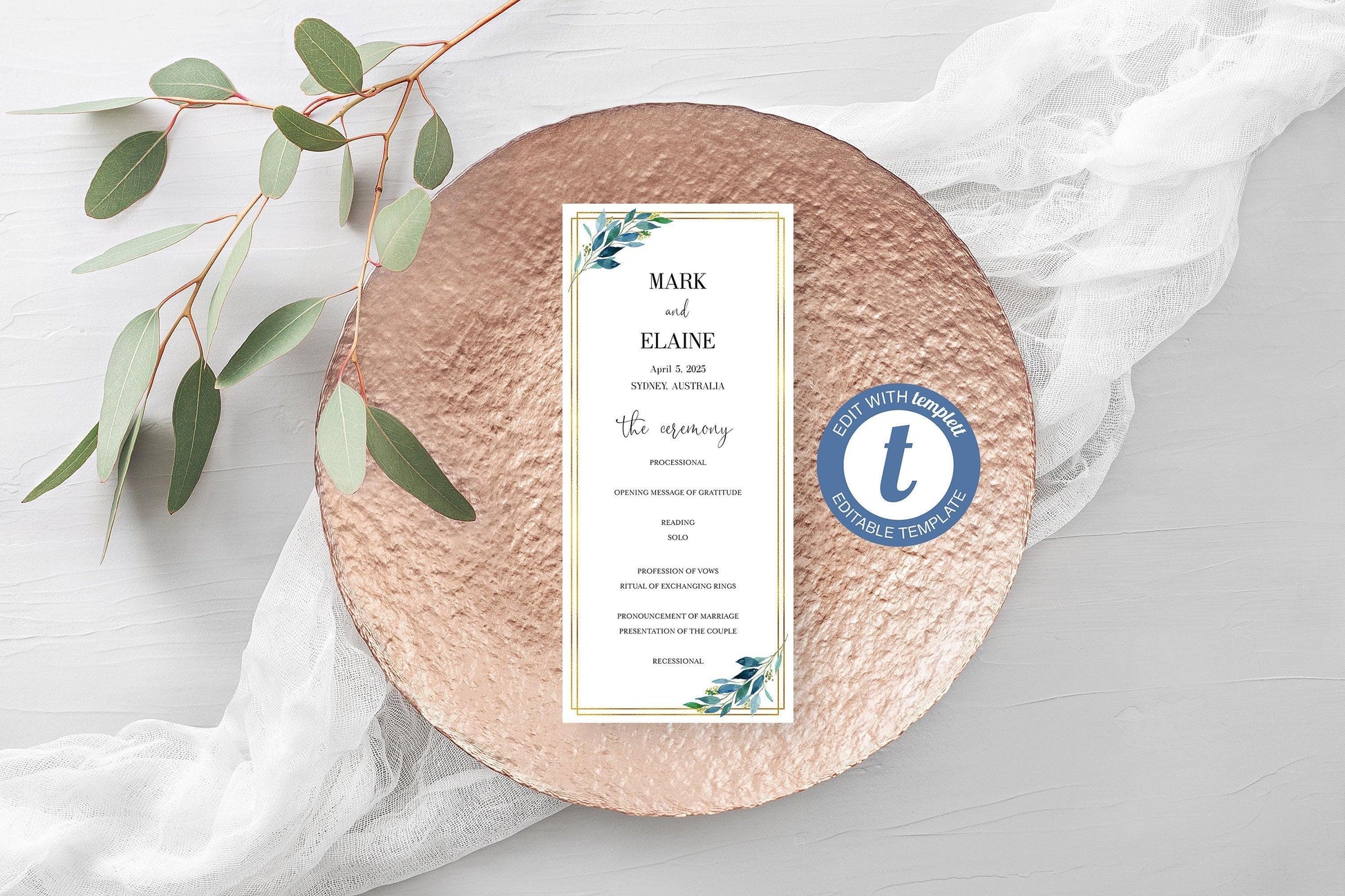 Dusty Blue Gold Wedding Program Template Printable Ceremony Programs Editable Template Instant download - Elaine - SAVVY PAPER CO