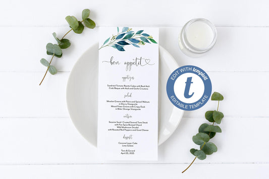 Dusty Blue Greenery Wedding Menu Printable Template, Editable Instant Download, Menu Cards, DIY Dinner Menu - Elaine - SAVVY PAPER CO