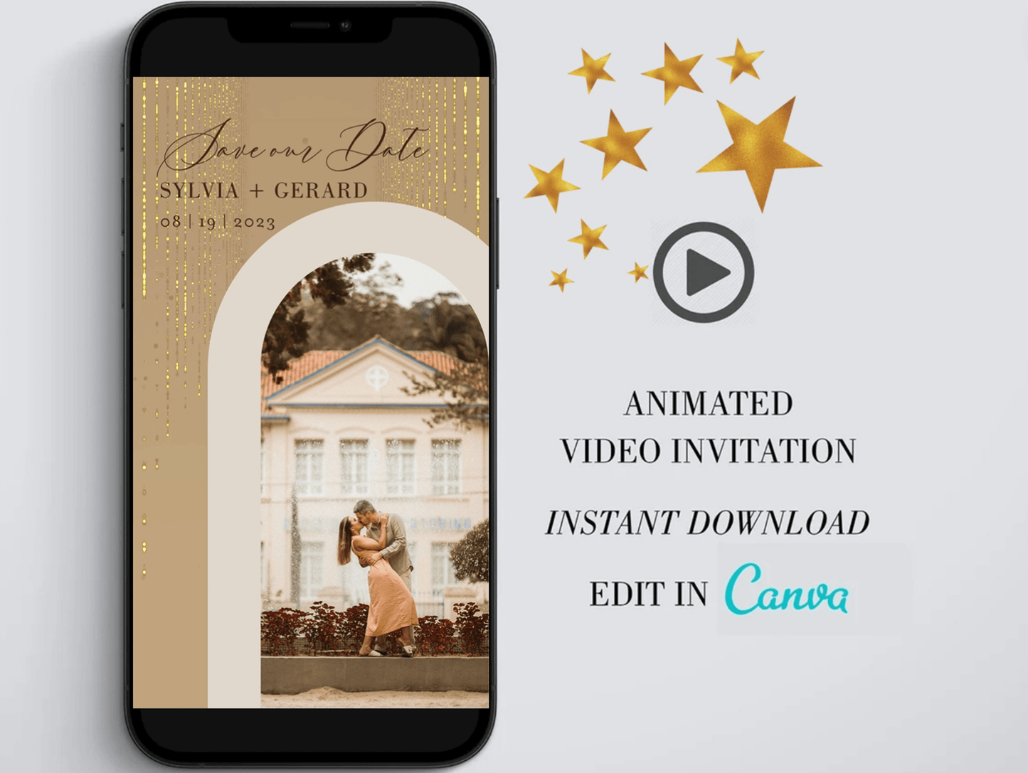 Edit in Canva Arch Photo Save the Date Video Invitation, Electronic Animated Invitation, Glitter Gold Invite - SAVVY PAPER CO