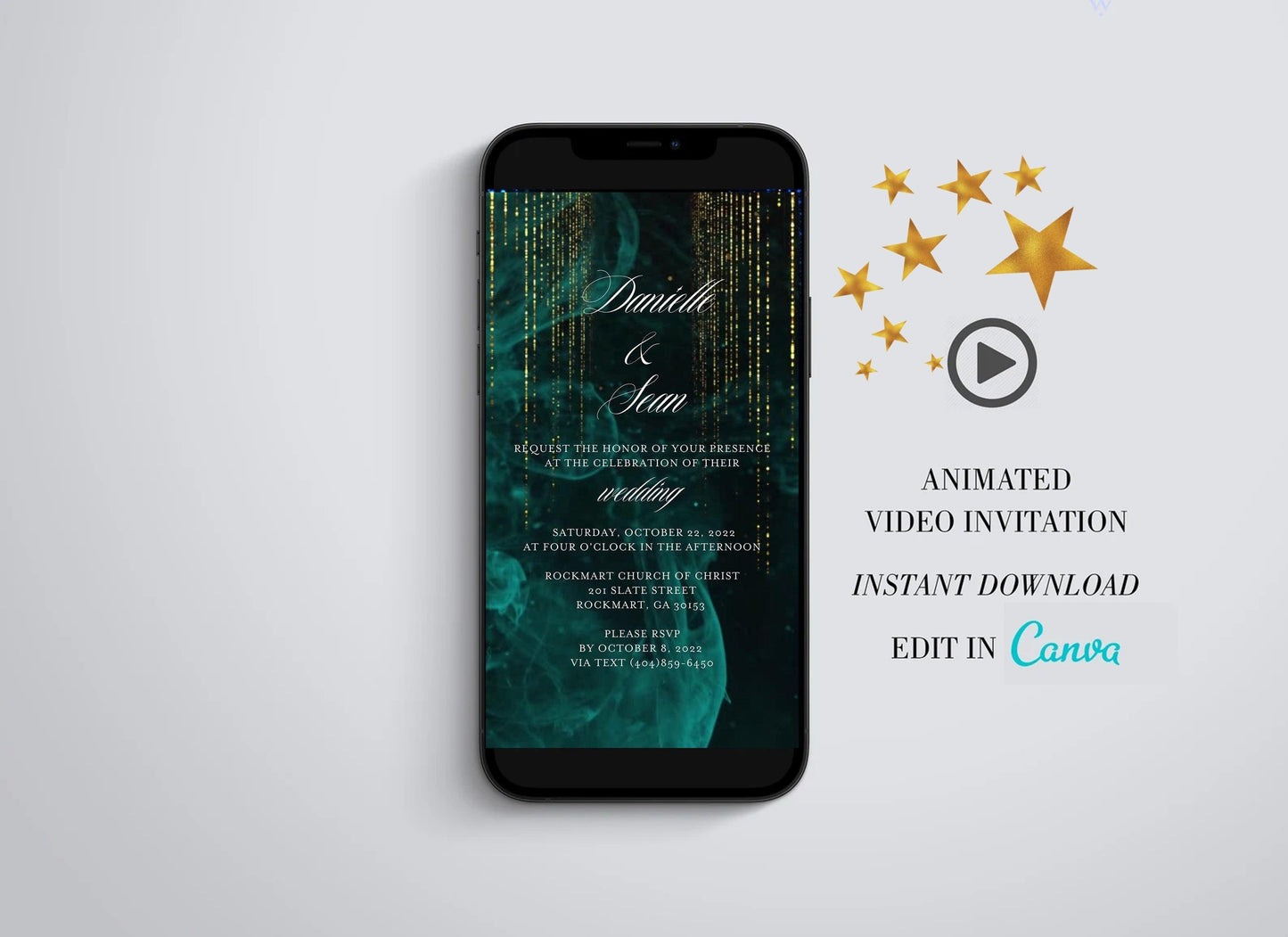 Edit in Canva Wedding Invitation Video, Teal Animated Invitation, Digital Invitation, Gold Wedding Video Invite - SAVVY PAPER CO