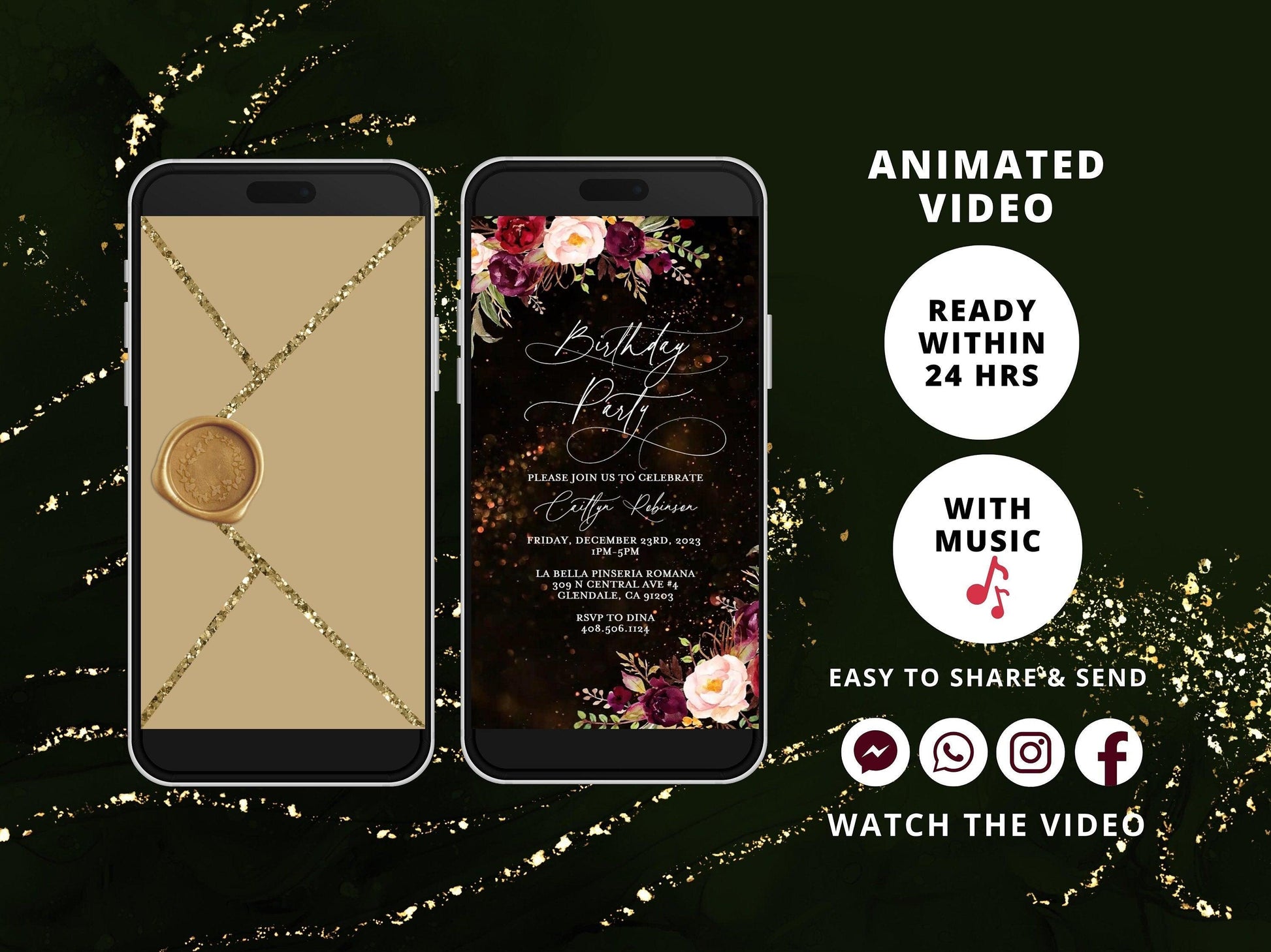 Electronic Birthday Dinner Invitation, Minimal Birthday Dinner, Birthday Dinner Party, Burgundy Glow, Glitter Dripping, Personalized Evite - SAVVY PAPER CO