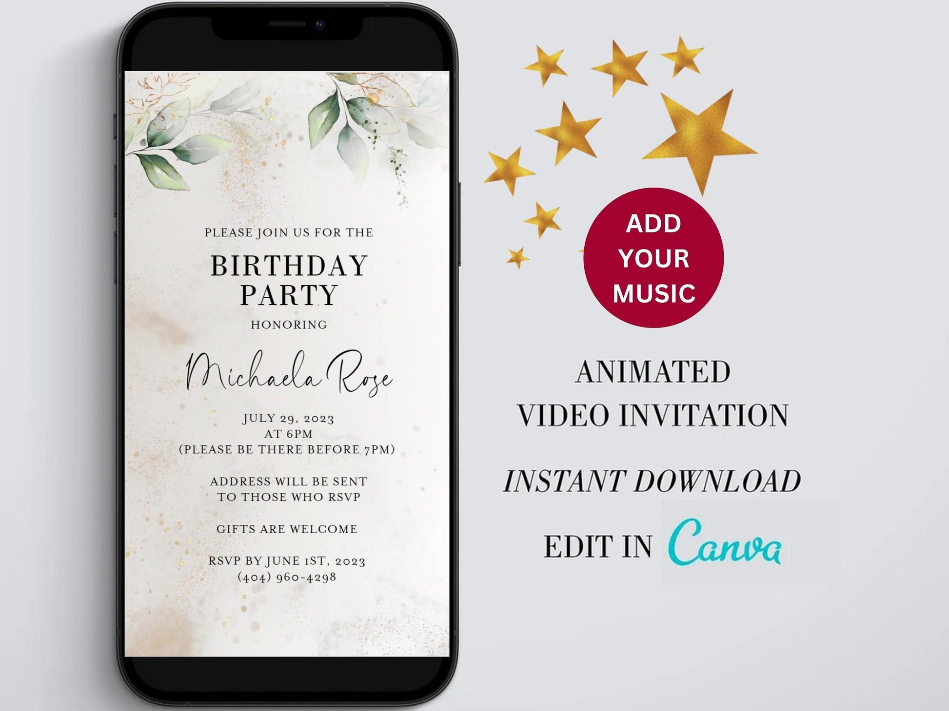 Electronic Birthday Invitation Template, Digital Birthday Invite, Any Age, Gold Glitter, Instant Download Birthday Evite, Greenery Birthday - SAVVY PAPER CO