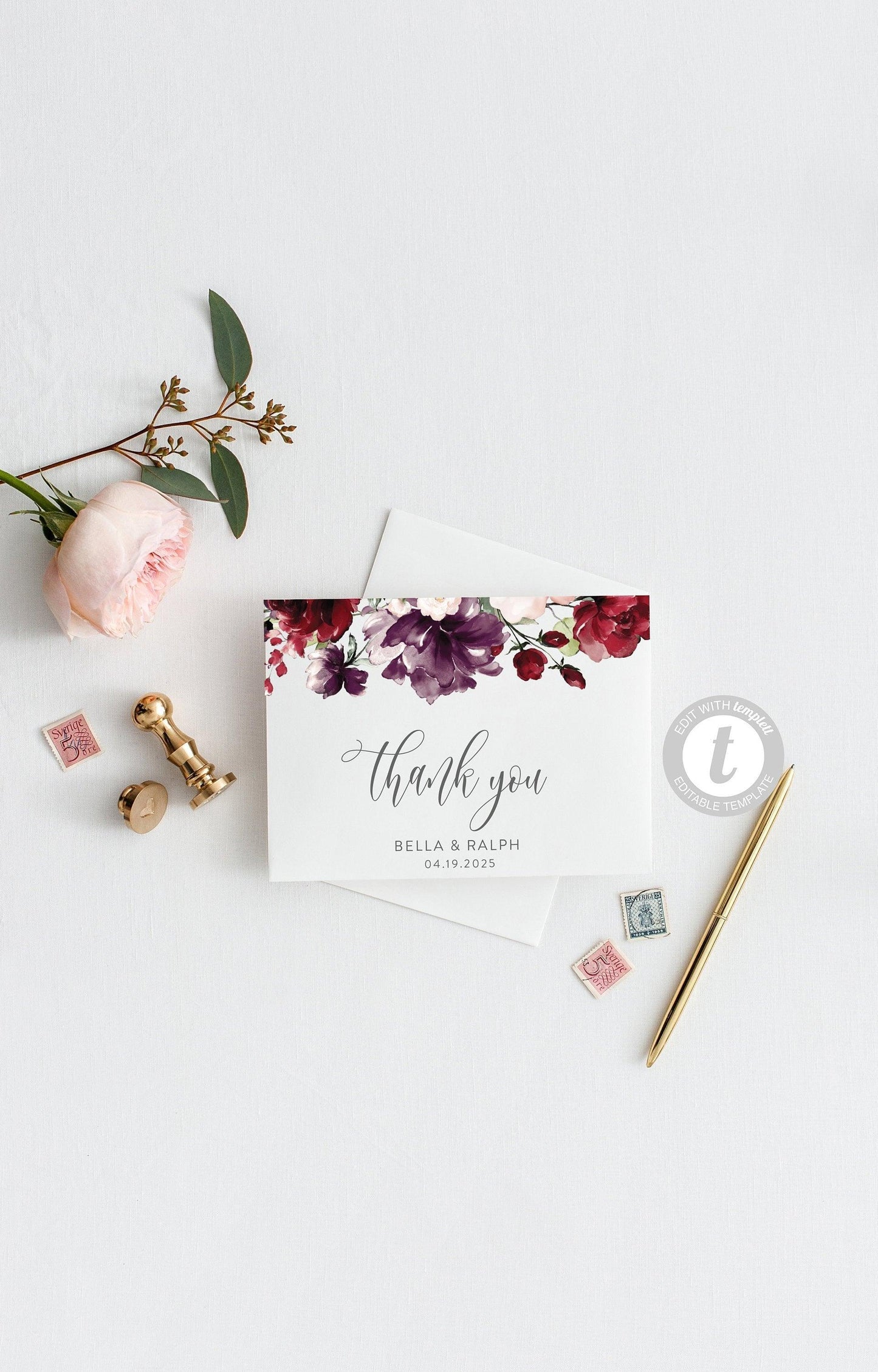 Elegant Wedding Thank You Card, Instant Download, Thank you Cards, Printable Thank You, Wedding Cards, Calligraphy, Burgundy Floral - Bella - SAVVY PAPER CO