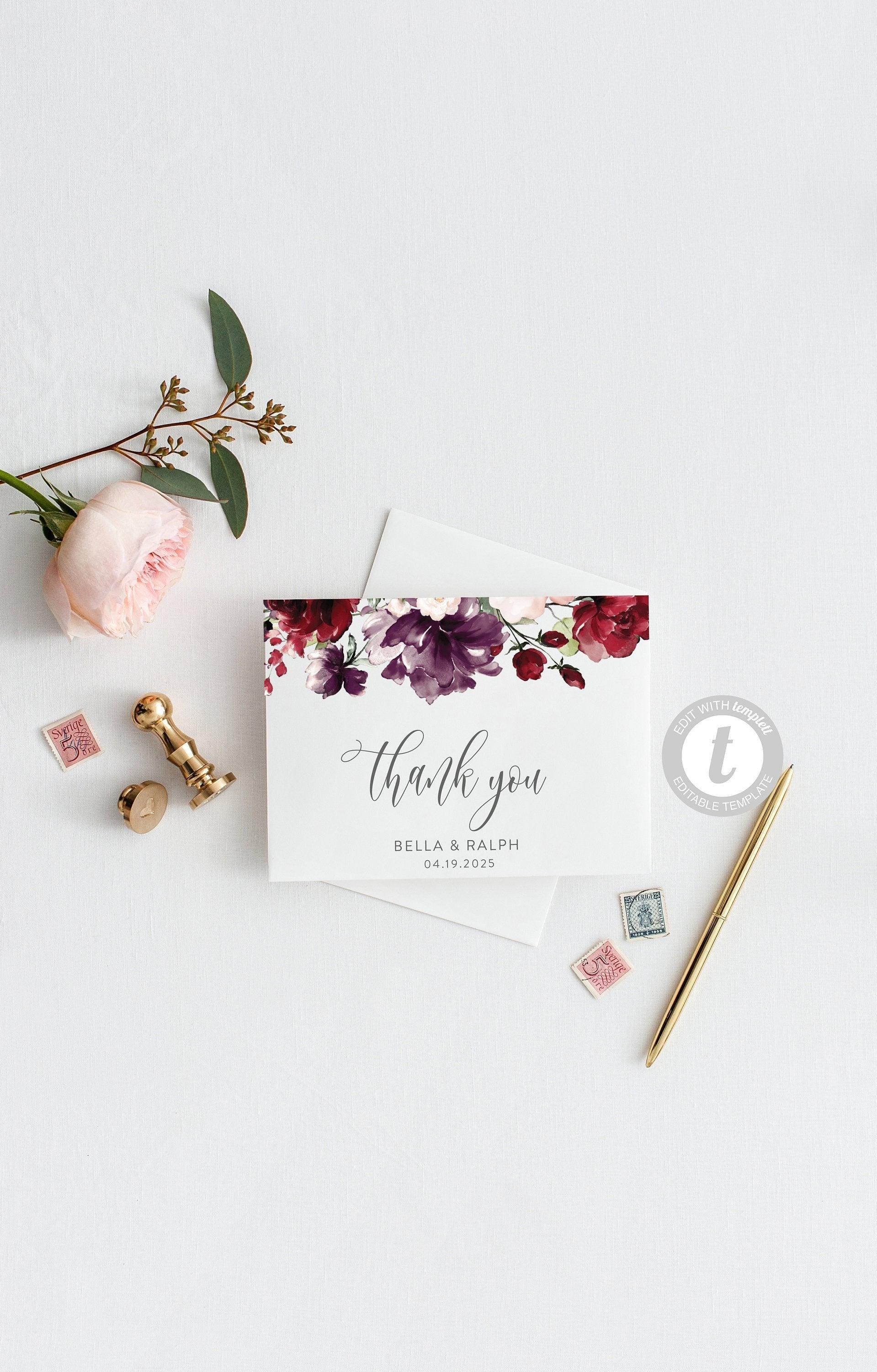 Elegant Wedding Thank You Card, Instant Download, Thank you Cards, Printable Thank You, Wedding Cards, Calligraphy, Burgundy Floral - Bella - SAVVY PAPER CO