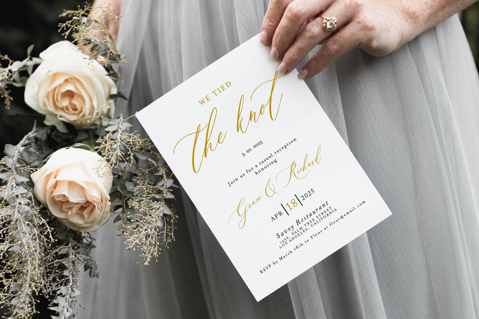 Elopement Wedding Invitation Template, Editable,Printable, Gold, Wedding Announcement, We Tied the Knot Invite 100% editable - Grace - SAVVY PAPER CO