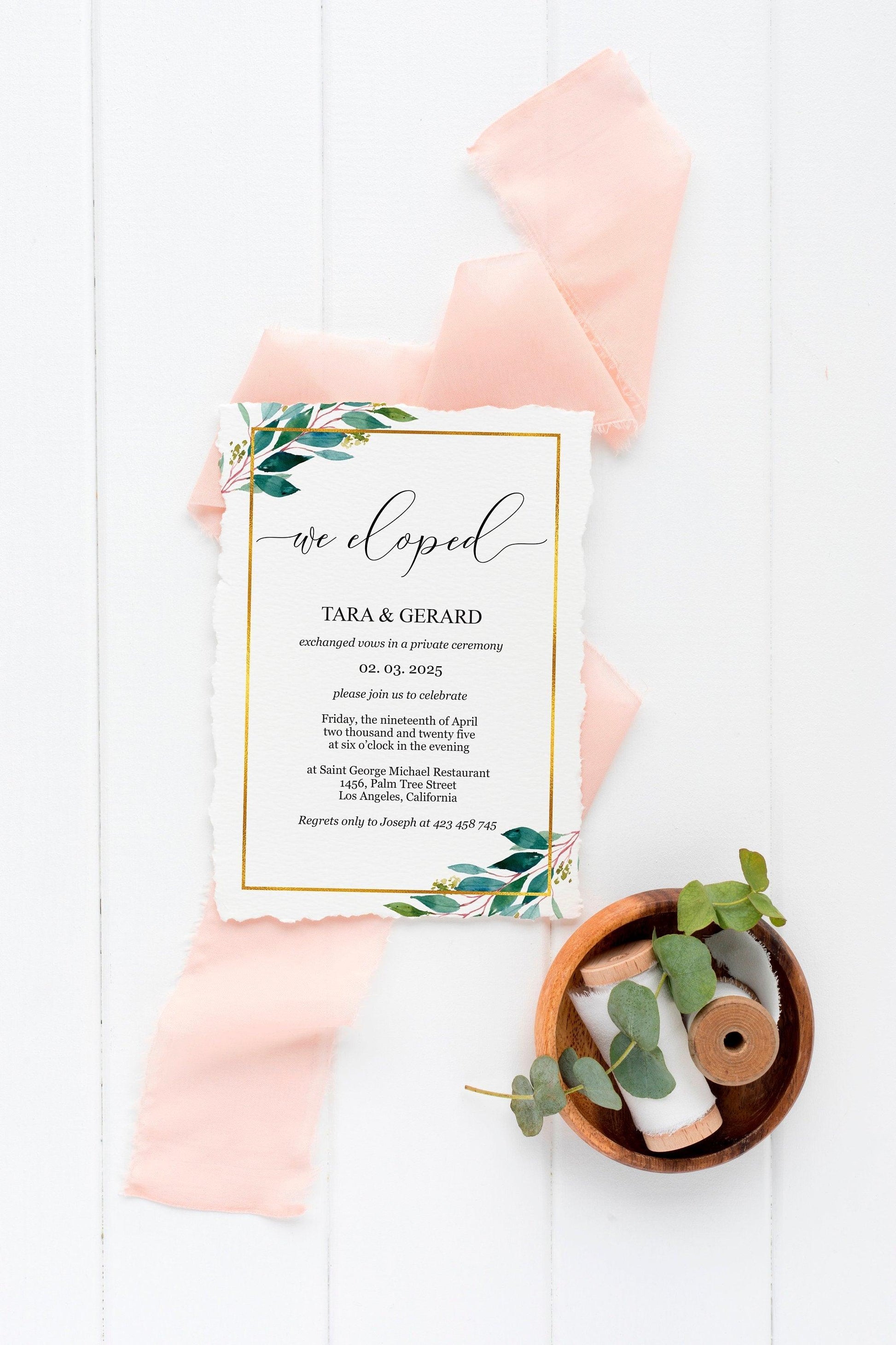 Elopement Wedding Invitation Template, Editable,Printable, Greenery, Wedding Announcement, we eloped, Gold, Geometric - Tara - SAVVY PAPER CO