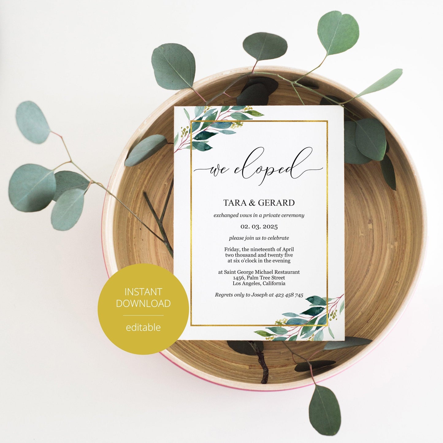 Elopement Wedding Invitation Template, Editable,Printable, Greenery, Wedding Announcement, we eloped, Gold, Geometric - Tara - SAVVY PAPER CO