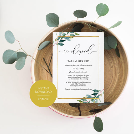 Elopement Wedding Invitation Template, Editable,Printable, Greenery, Wedding Announcement, we eloped, Gold, Geometric - Tara - SAVVY PAPER CO