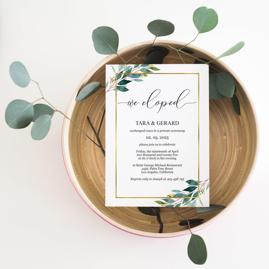 Elopement Wedding Invitation Template, Editable,Printable, Greenery, Wedding Announcement, we eloped, Gold, Geometric - Tara - SAVVY PAPER CO