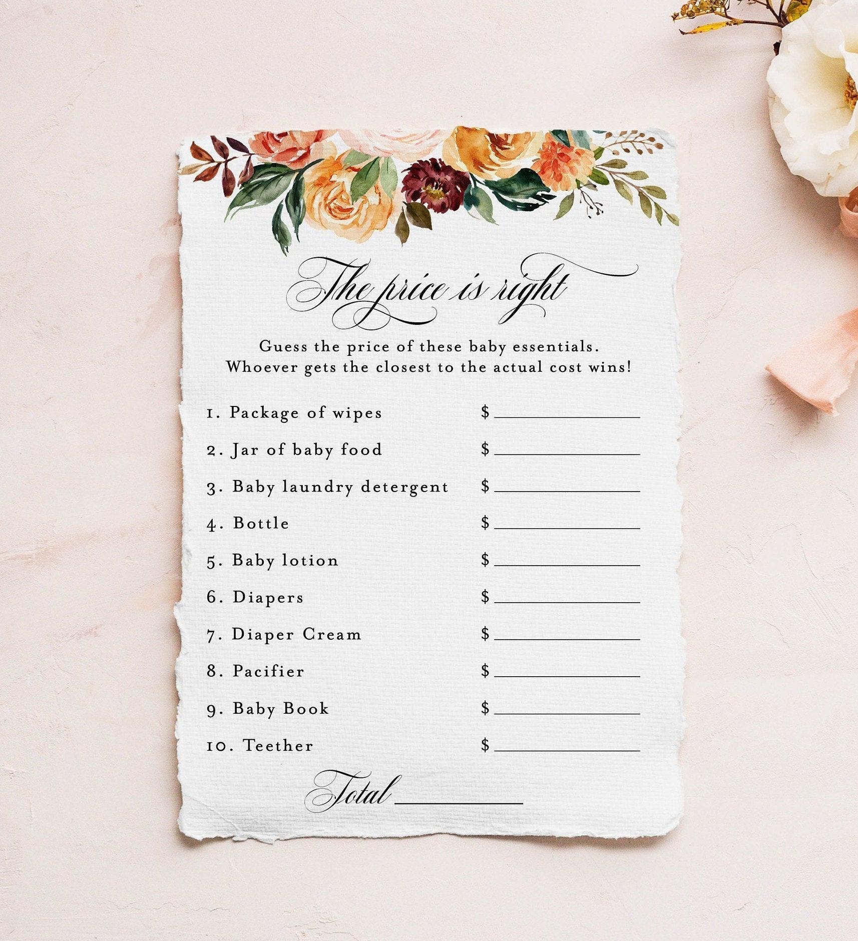 Fall Baby Shower Game The price is right Baby Shower Game Printable Game #KR1 - SAVVY PAPER CO