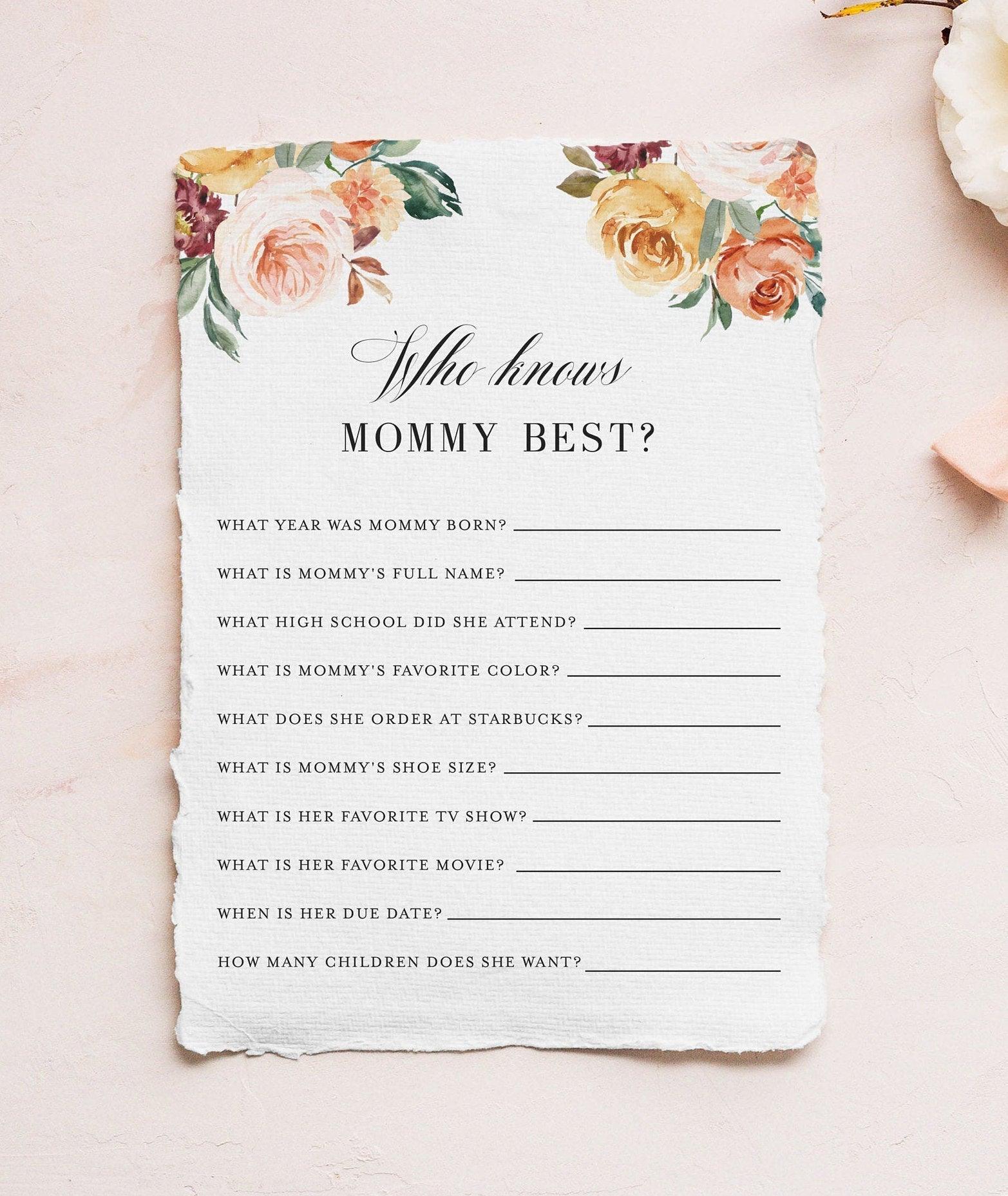 Fall Baby Shower Who knows mom Best, Who knows mommy best, Baby Shower Printable #KR1 - SAVVY PAPER CO