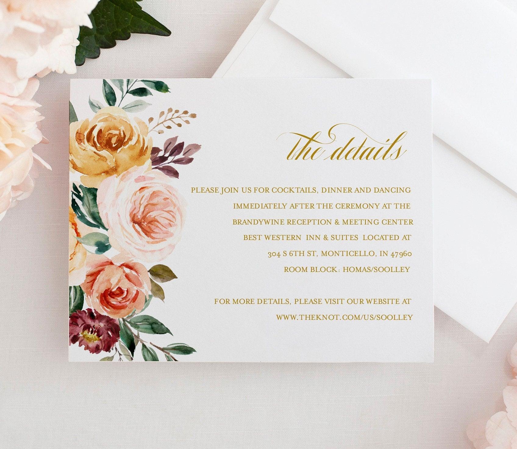 Fall Details Card Template Wedding Reception Card Details cards Printable Floral Wedding Fall Wedding - Karen - SAVVY PAPER CO