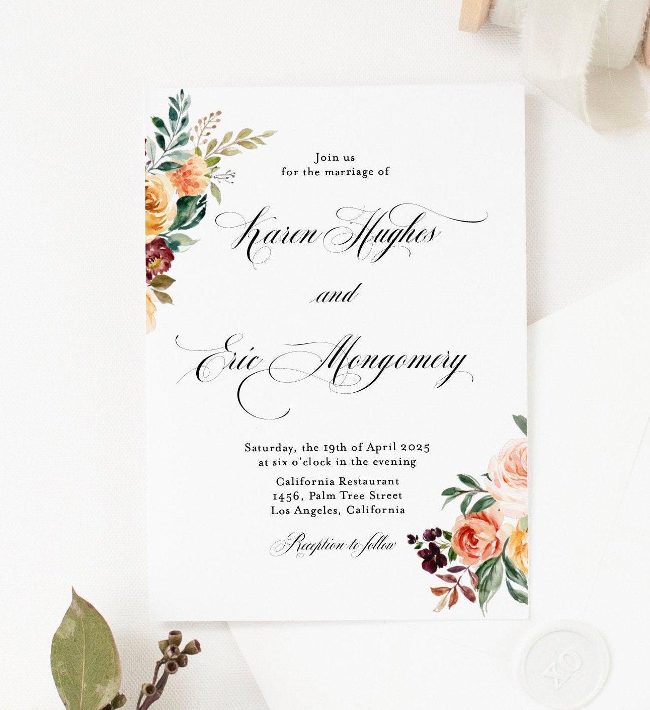 Fall Wedding Invitation Template Instant Download Templett Printable Editable Gold Floral Golden - Karen - SAVVY PAPER CO