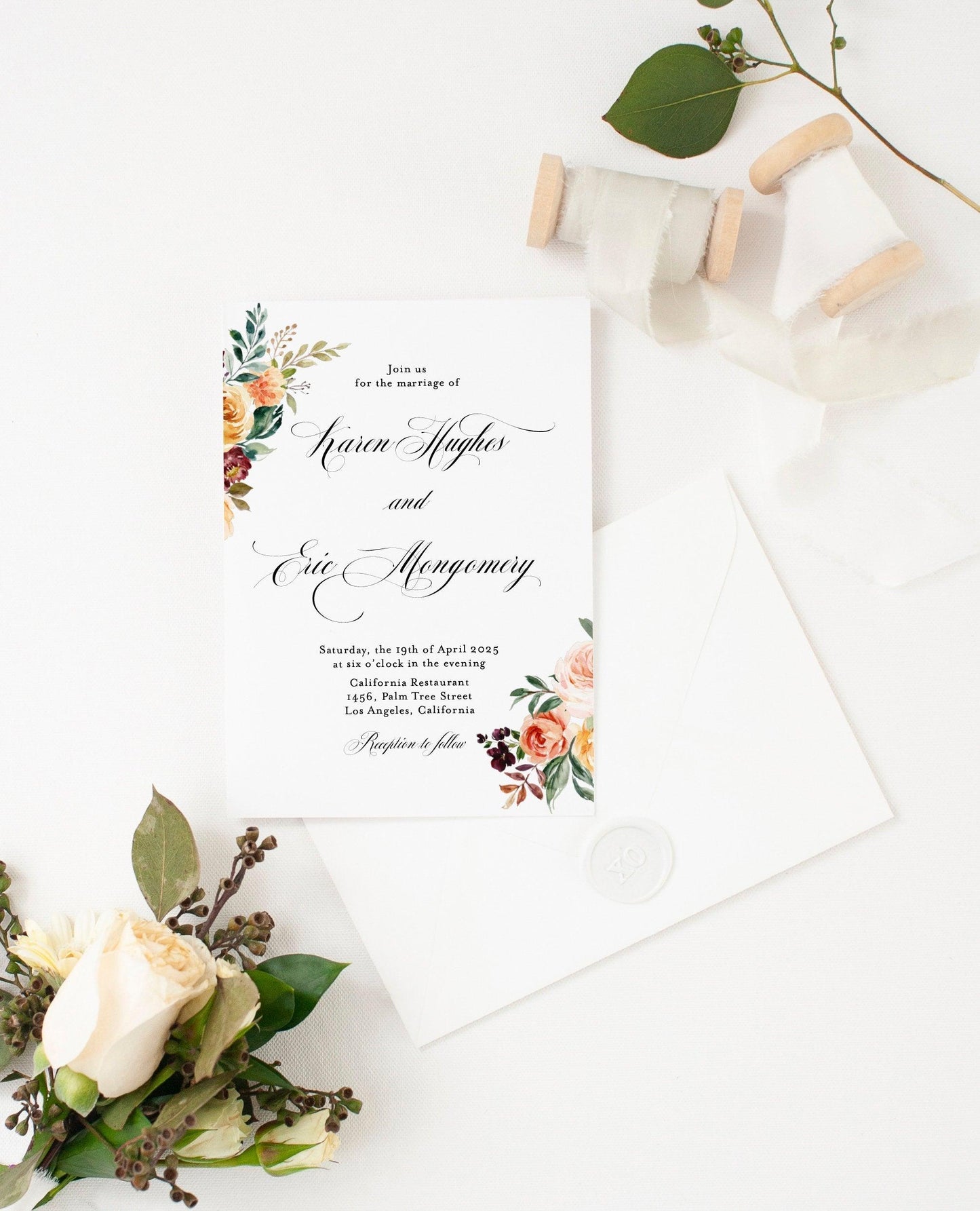 Fall Wedding Invitation Template Instant Download Templett Printable Editable Gold Floral Golden - Karen - SAVVY PAPER CO