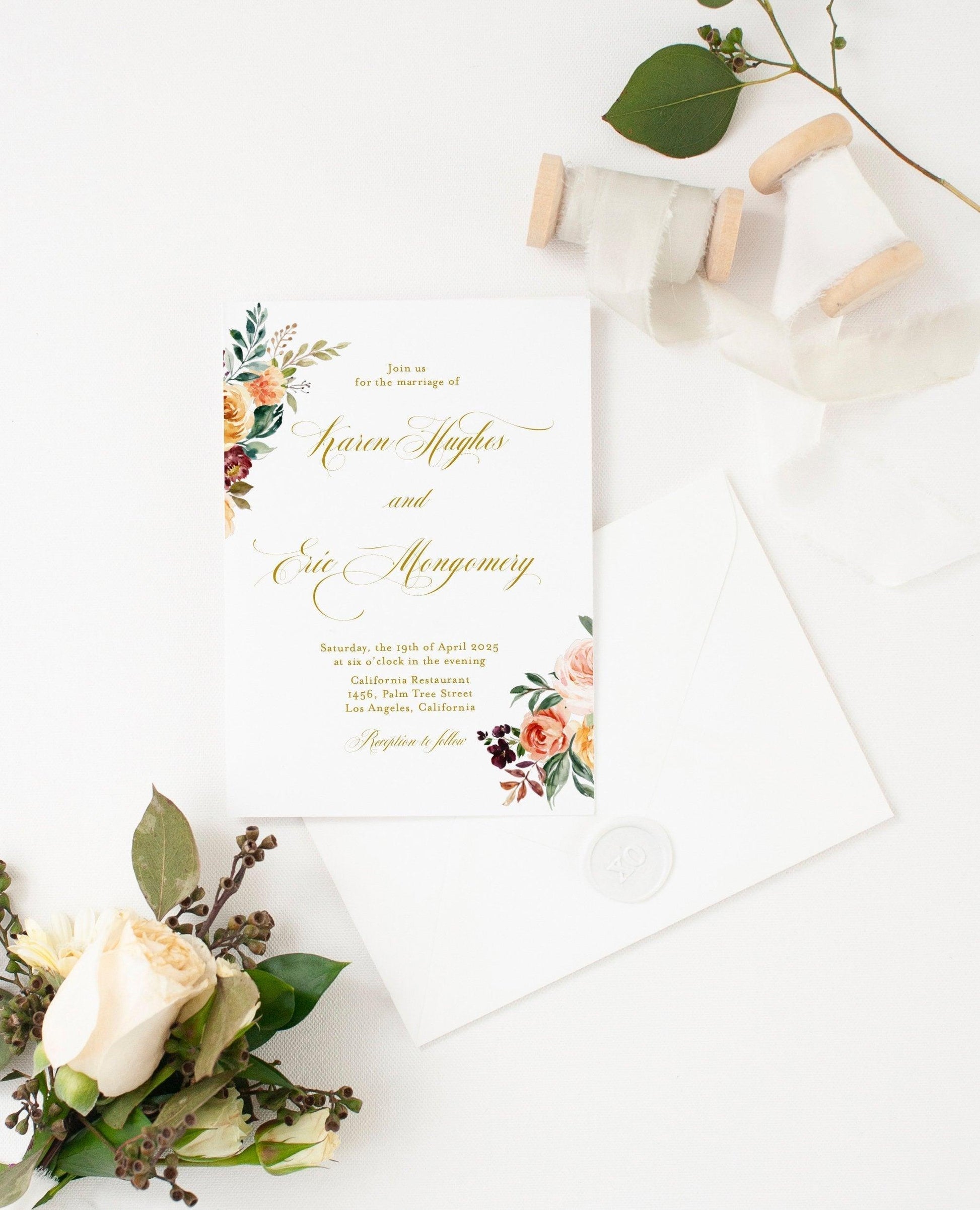 Fall Wedding Invitation Template Instant Download Templett Printable Editable Gold Floral Golden - Karen - SAVVY PAPER CO