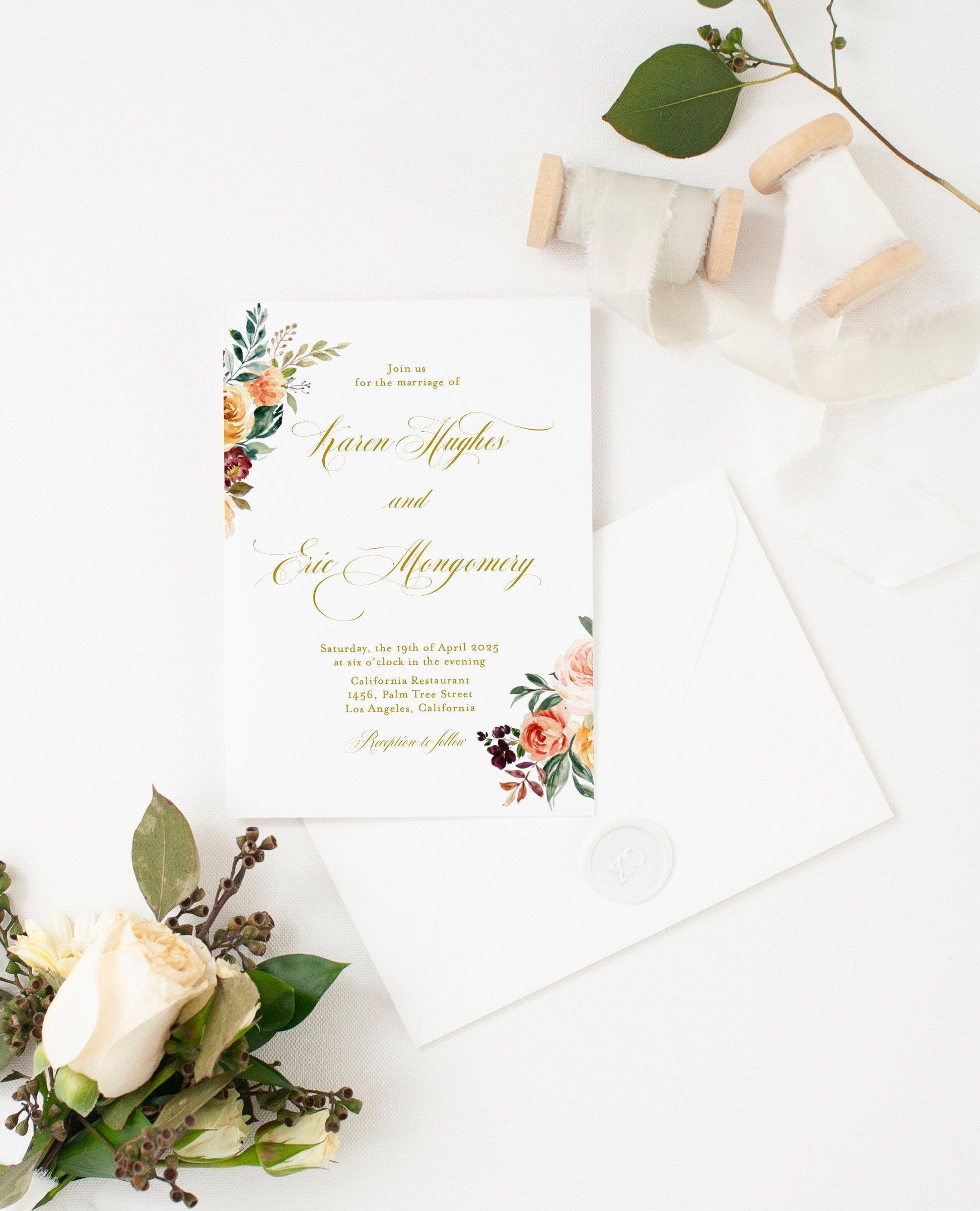 Fall Wedding Invitation Template Instant Download Templett Printable Editable Gold Floral Golden - Karen - SAVVY PAPER CO