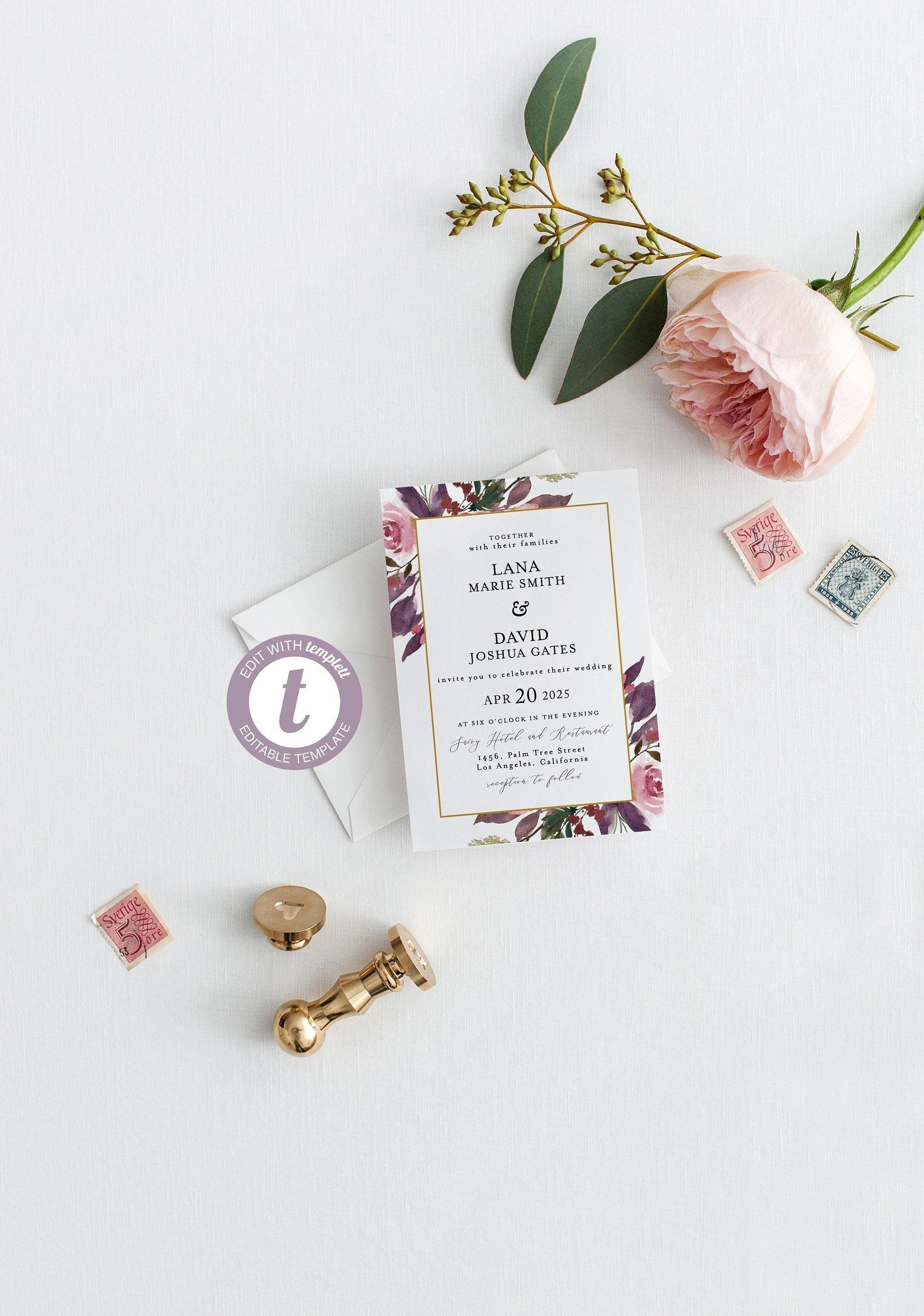 Fall Wedding Invitation Template, Printable, DIY, Instant Download, Floral Wedding Invitations - Lana - SAVVY PAPER CO