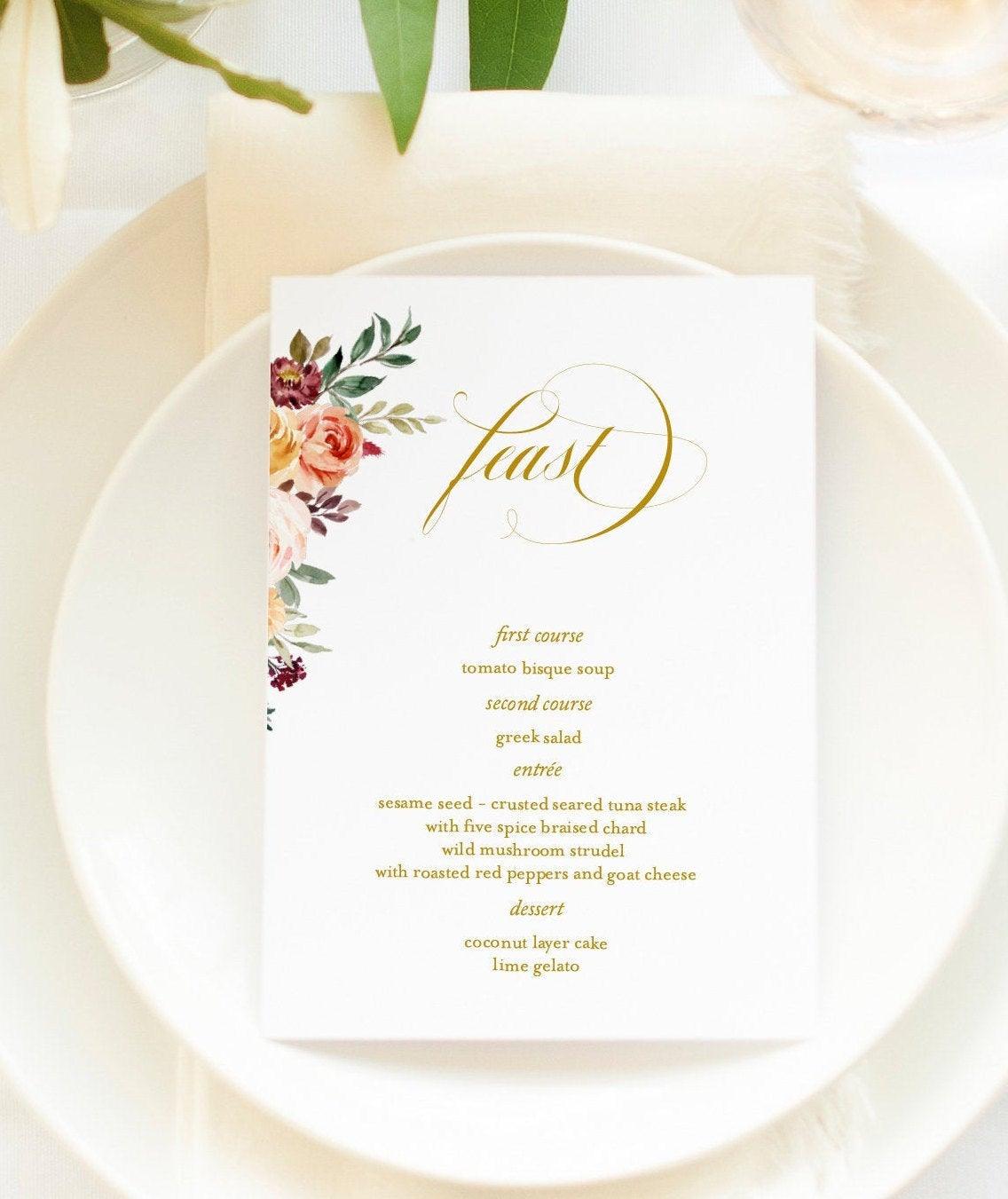 Fall Wedding Menu Printable Template, Editable Instant Download, Menu Cards, DIY Dinner Menu Floral Watercolor - Karen - SAVVY PAPER CO