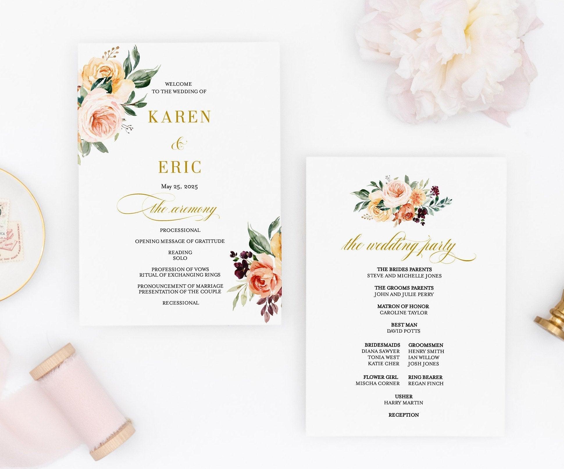 Fall Wedding Program Fan Template Printable Ceremony Programs Card Floral Watercolor Editable Template Instant download - Karen - SAVVY PAPER CO