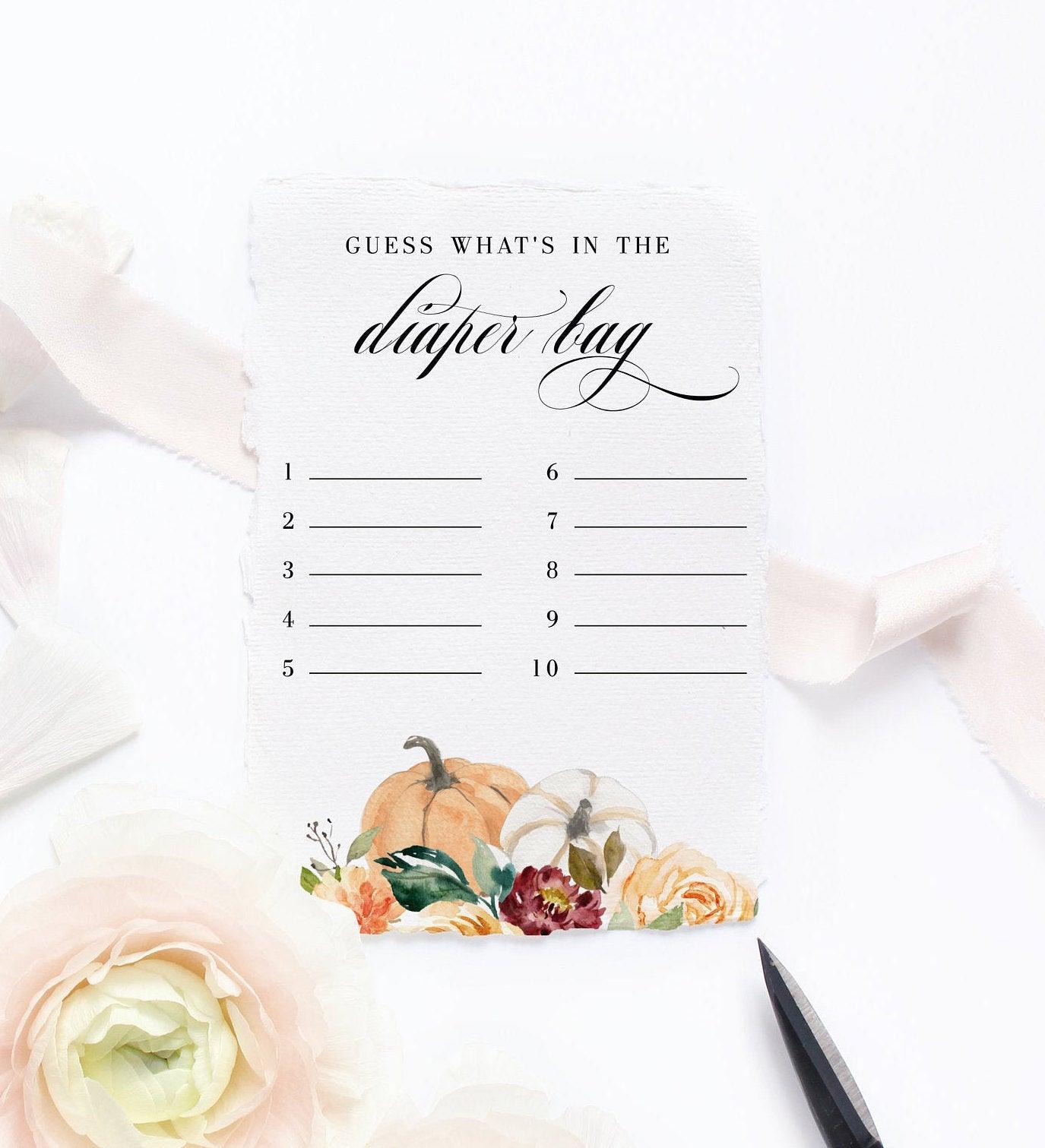 Fall What's in the Diaper Bag, Baby Shower Game, Girl Baby Shower, Printable Game Floral Watercolor #KR1 - SAVVY PAPER CO